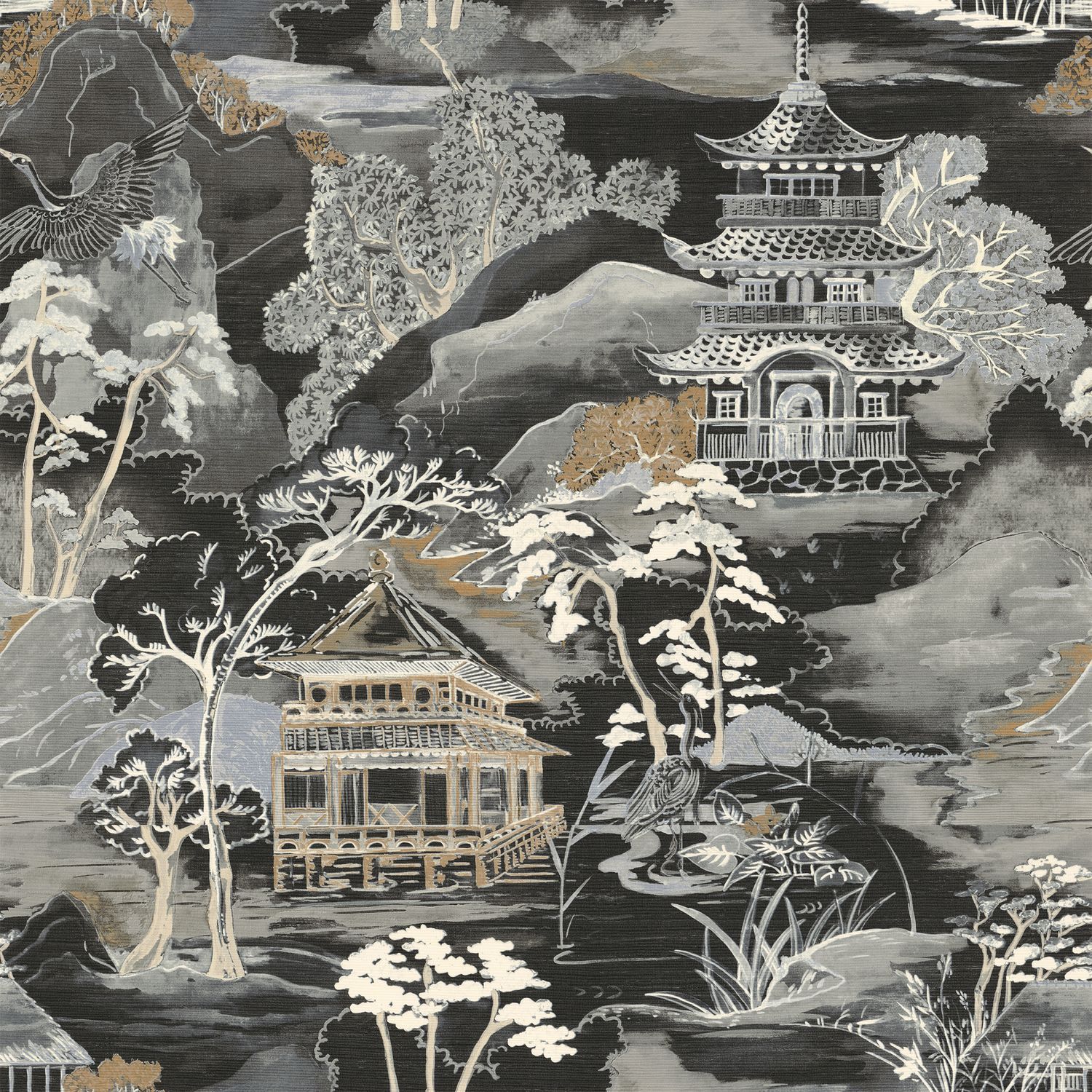 Structural wallpaper with an oriental landscape NARA - NOIR/MORDORE black with brown