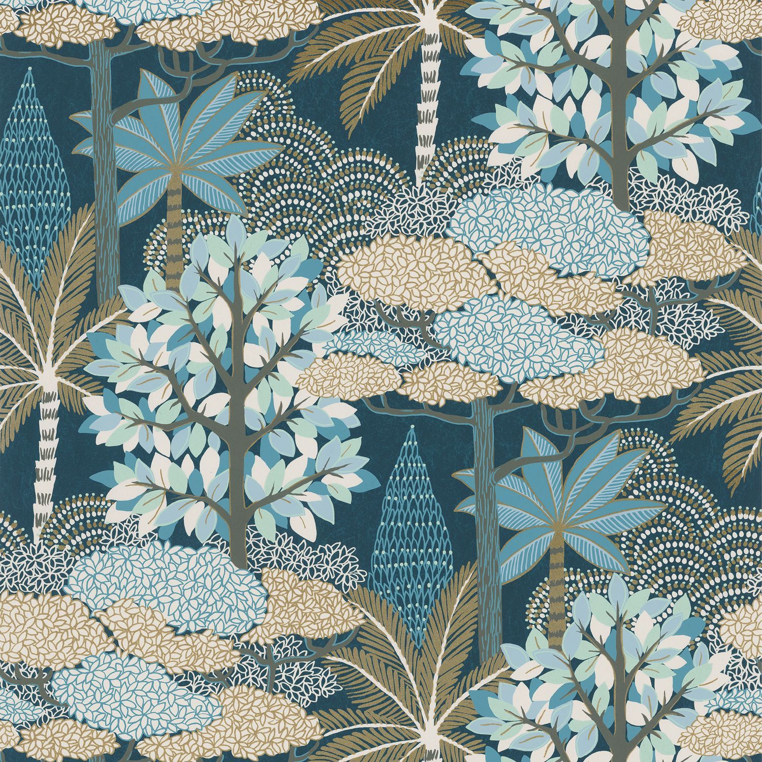 Metallic Wallpaper with Plant Motif MARAKANDA - MARINE/DORE Navy Blue with Gold