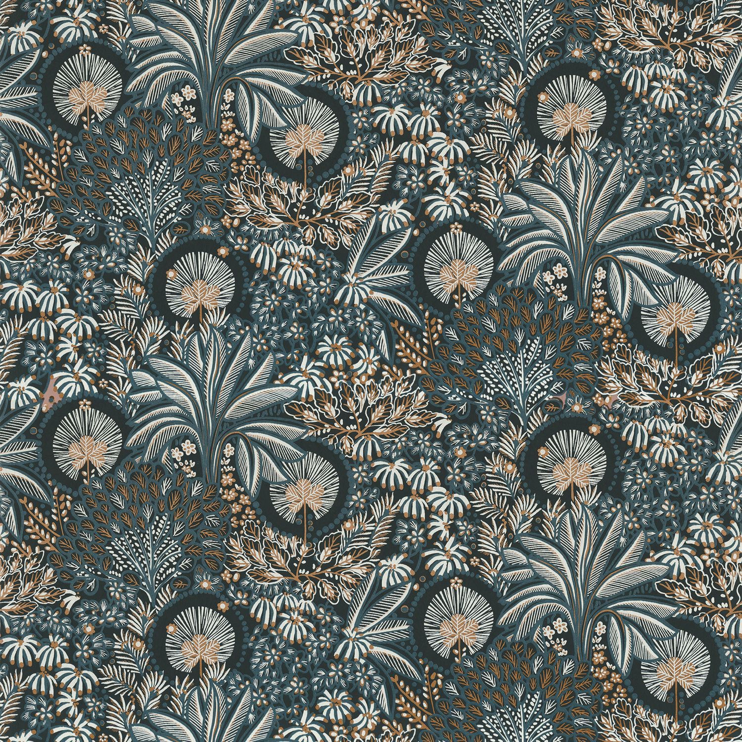 PERSEE Plant-Themed Wallpaper - NOIR/CUIVRE muted blue with beige