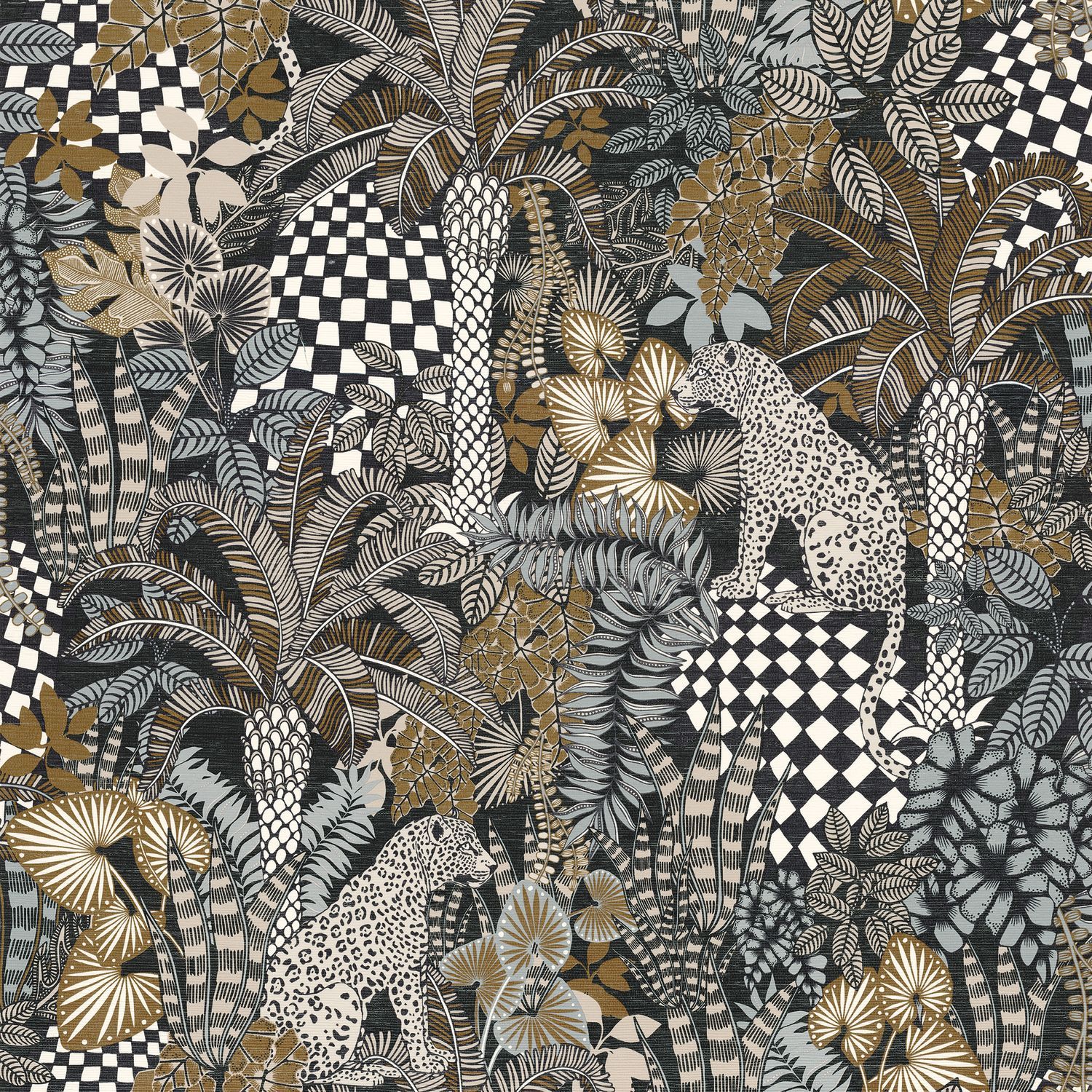 Strukturovaná tapeta s rostlinným a zvířecím motivem BELIZE - NOIR/FAUVE černá se šedou