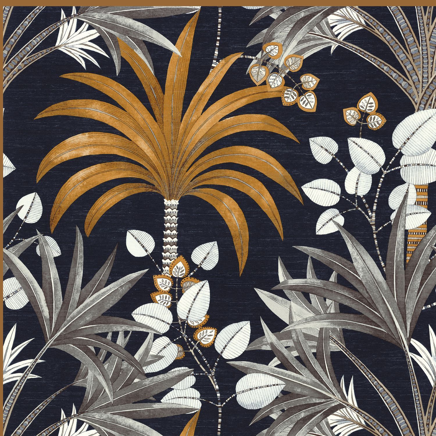 Structural wallpaper with a palm plant motif MIRISSA - BLACK/OCRE with gold