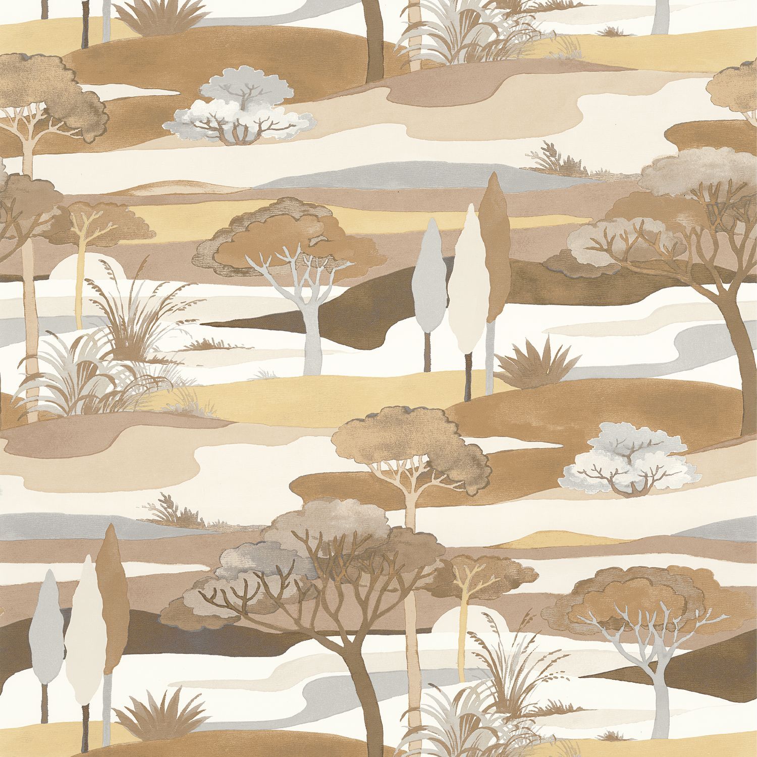 Landscape Wallpaper with Plant Motif CAP FERRET - SABLE/LATTE Coffee Brown with Beige