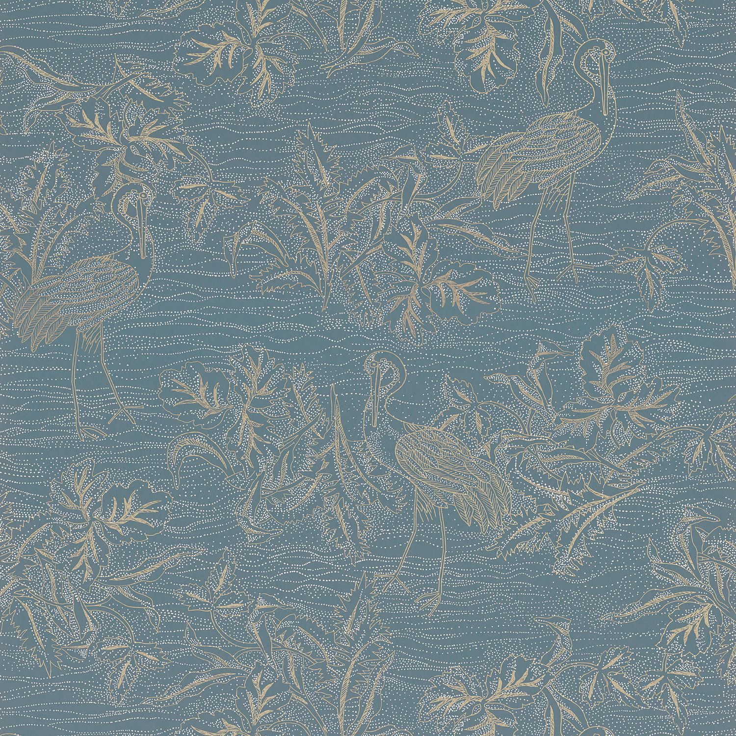 Structural wallpaper with a plant and animal motif MIRADOR - BLEU PERSAN/DORÉ blue with gold