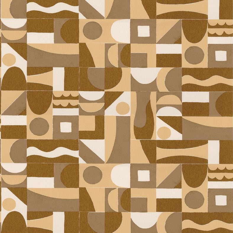 Structural wallpaper with geometric pattern GOURNA - OCRE/DORE brown with gold