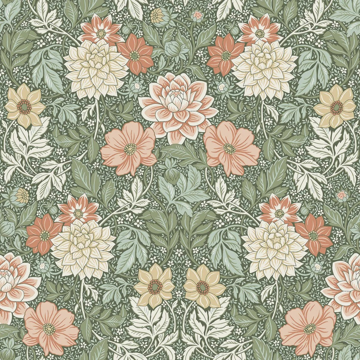 Non-woven paper wallpaper with a floral pattern DAHLIA GARDEN green with cream and pink