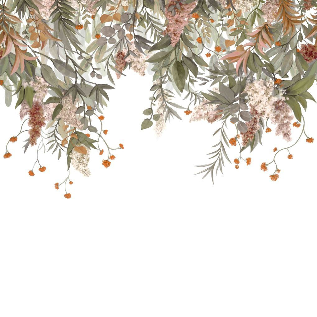 Mural z motywem roślinnym liści WISTERIA zielony i pudrowym różowym