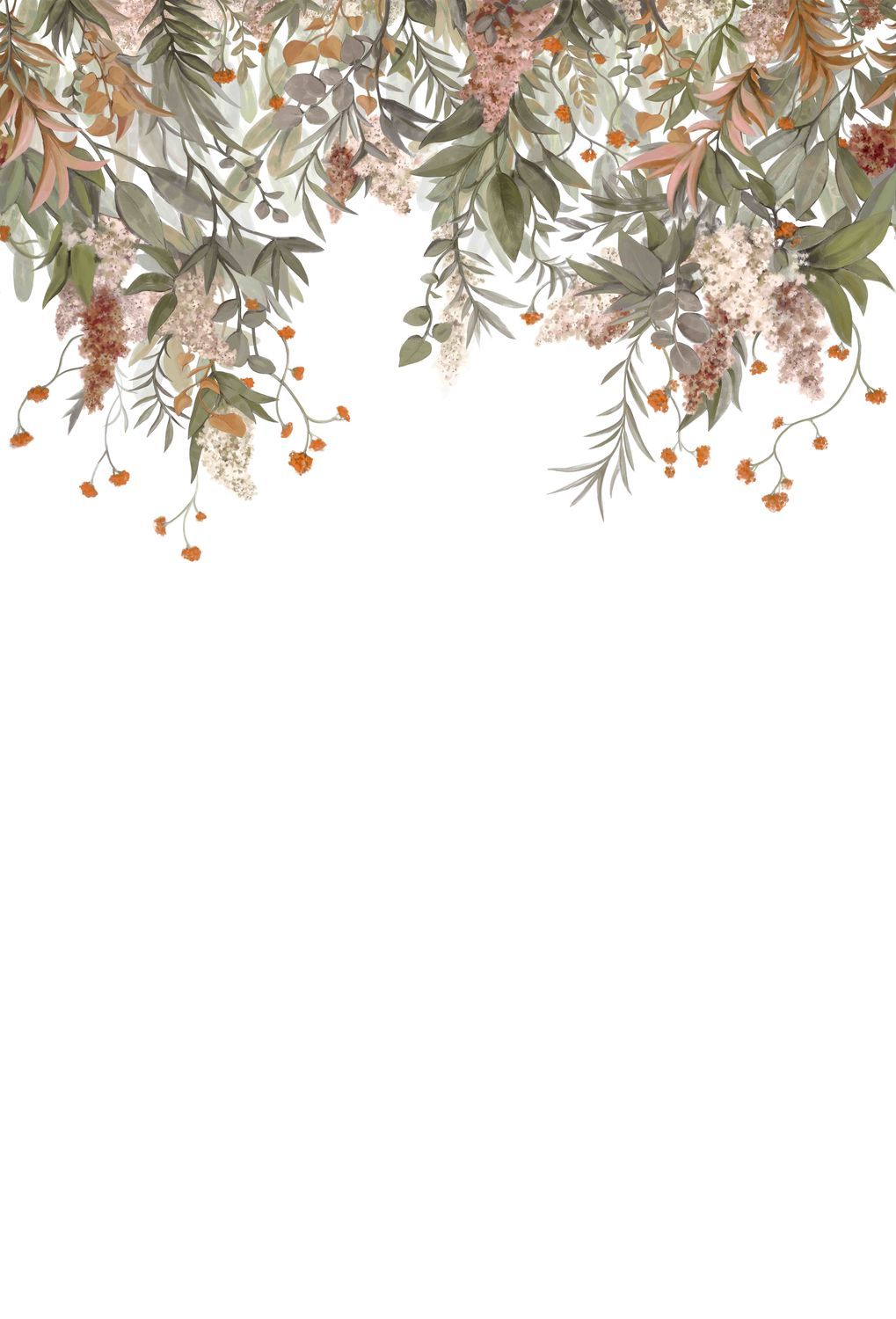 Mural z motywem roślinnym liści WISTERIA zielony i pudrowym różowym