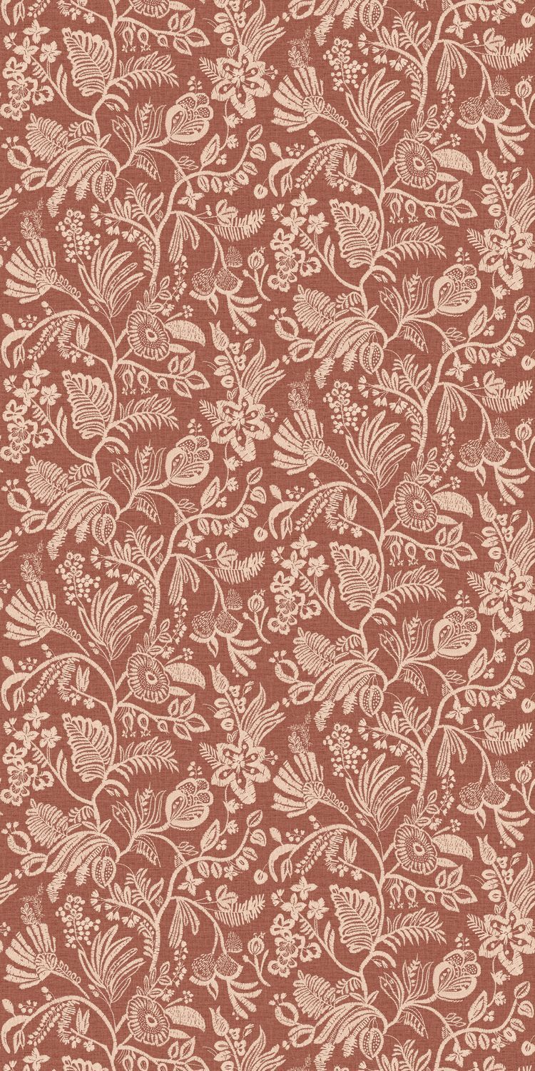 Structural wallpaper imitating embroidery with a floral and leaf pattern PASTEL terracotta with beige