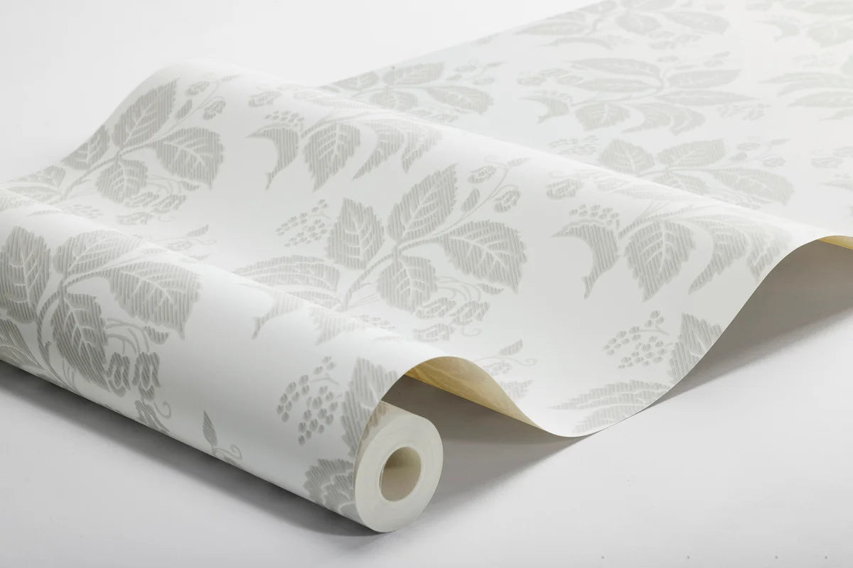 Non-woven paper wallpaper with a plant pattern TENGBERGSKA white with gray