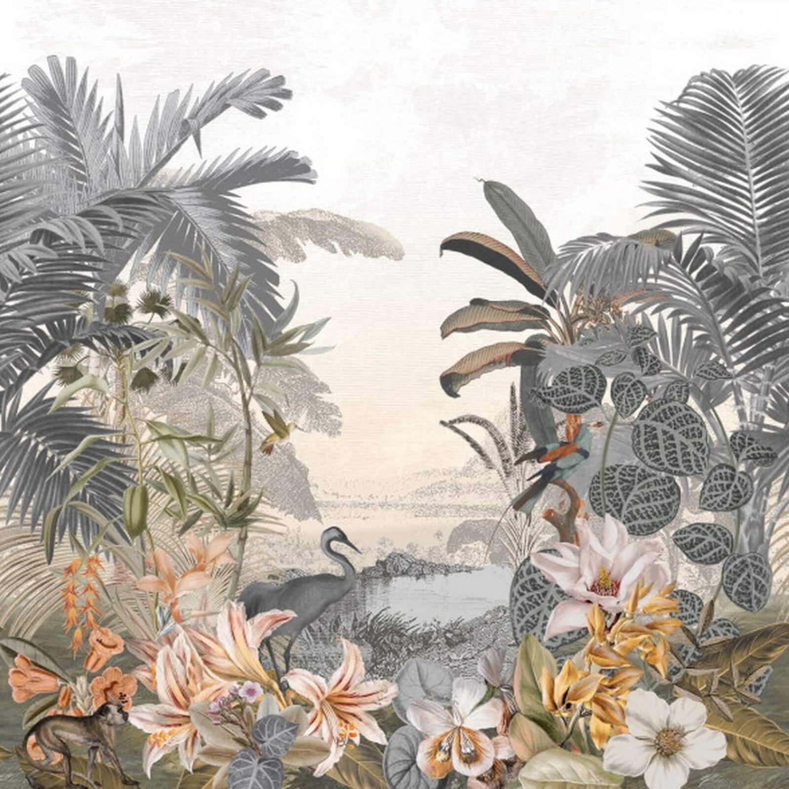 Textilní mural s exotickou krajinou PARAIBA, ztlumená modrá s béžovou