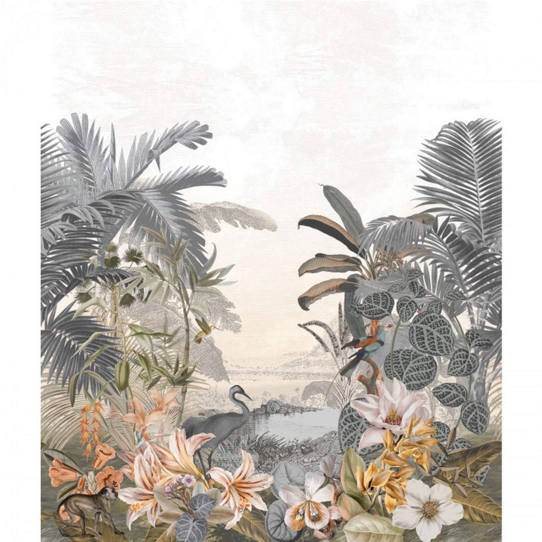 Textilní mural s exotickou krajinou PARAIBA, ztlumená modrá s béžovou