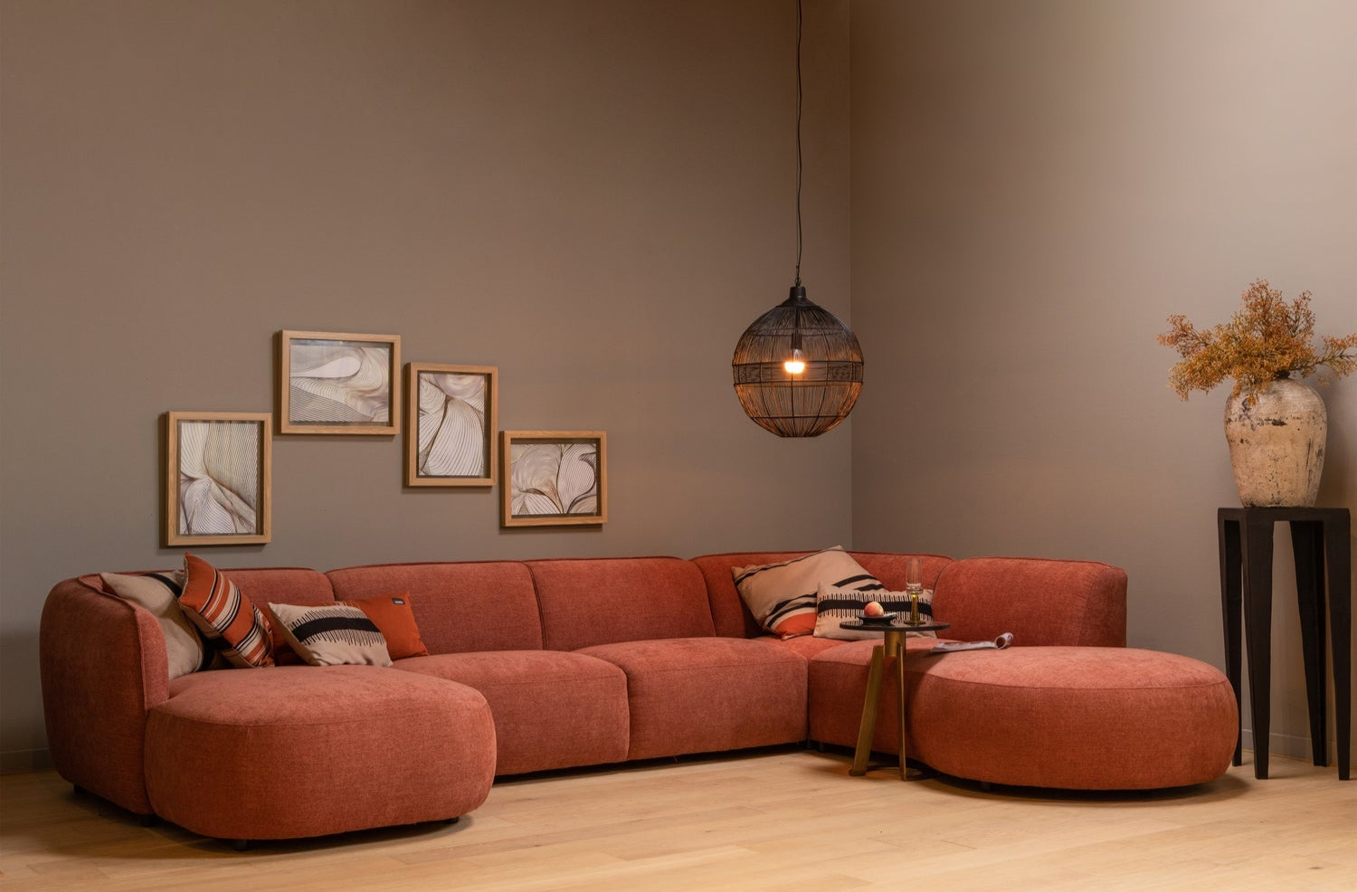 Rohová sedačka ve tvaru U pravostranná POLLY růžová