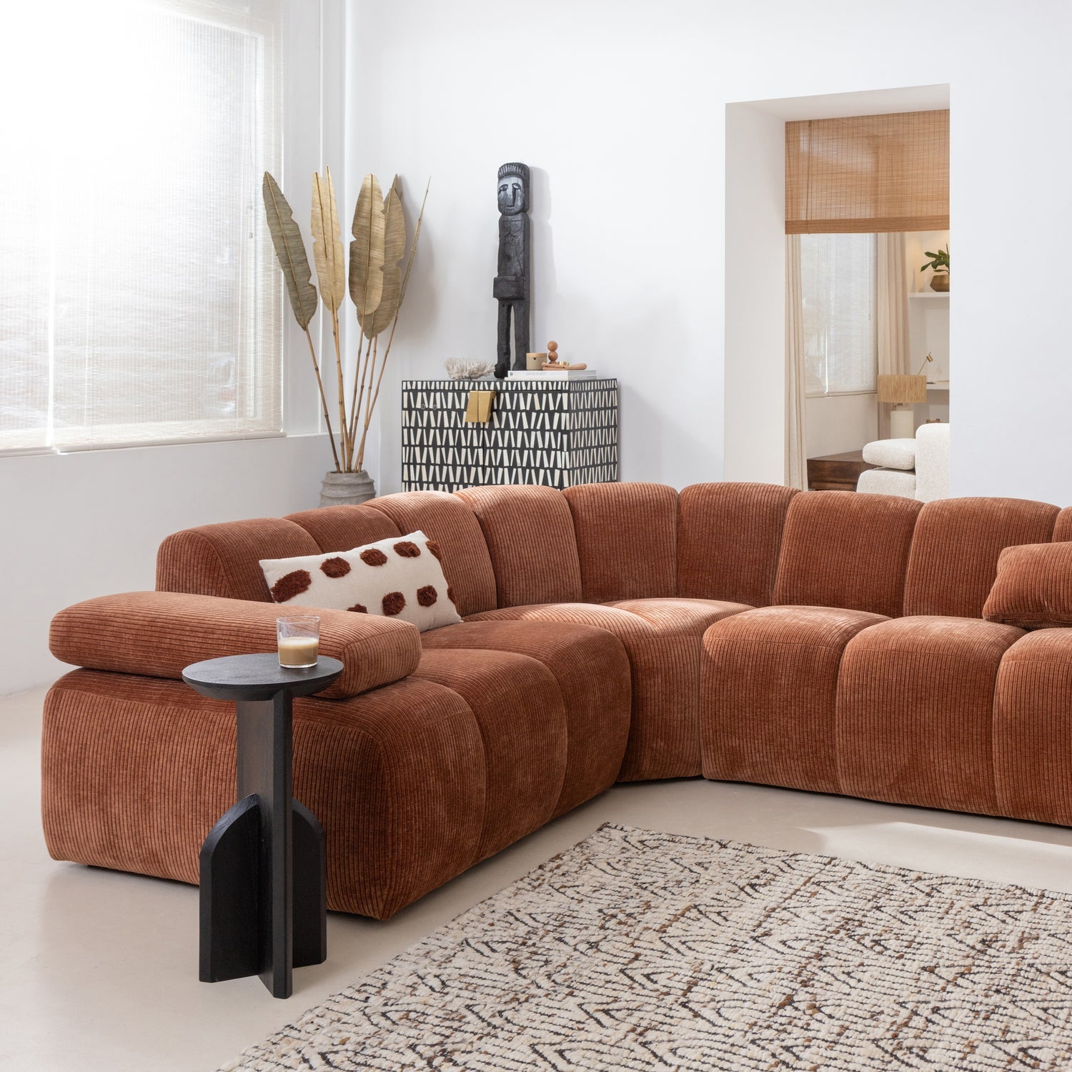 Left-facing modular corner sofa for 6 people MOJO in brown corduroy
