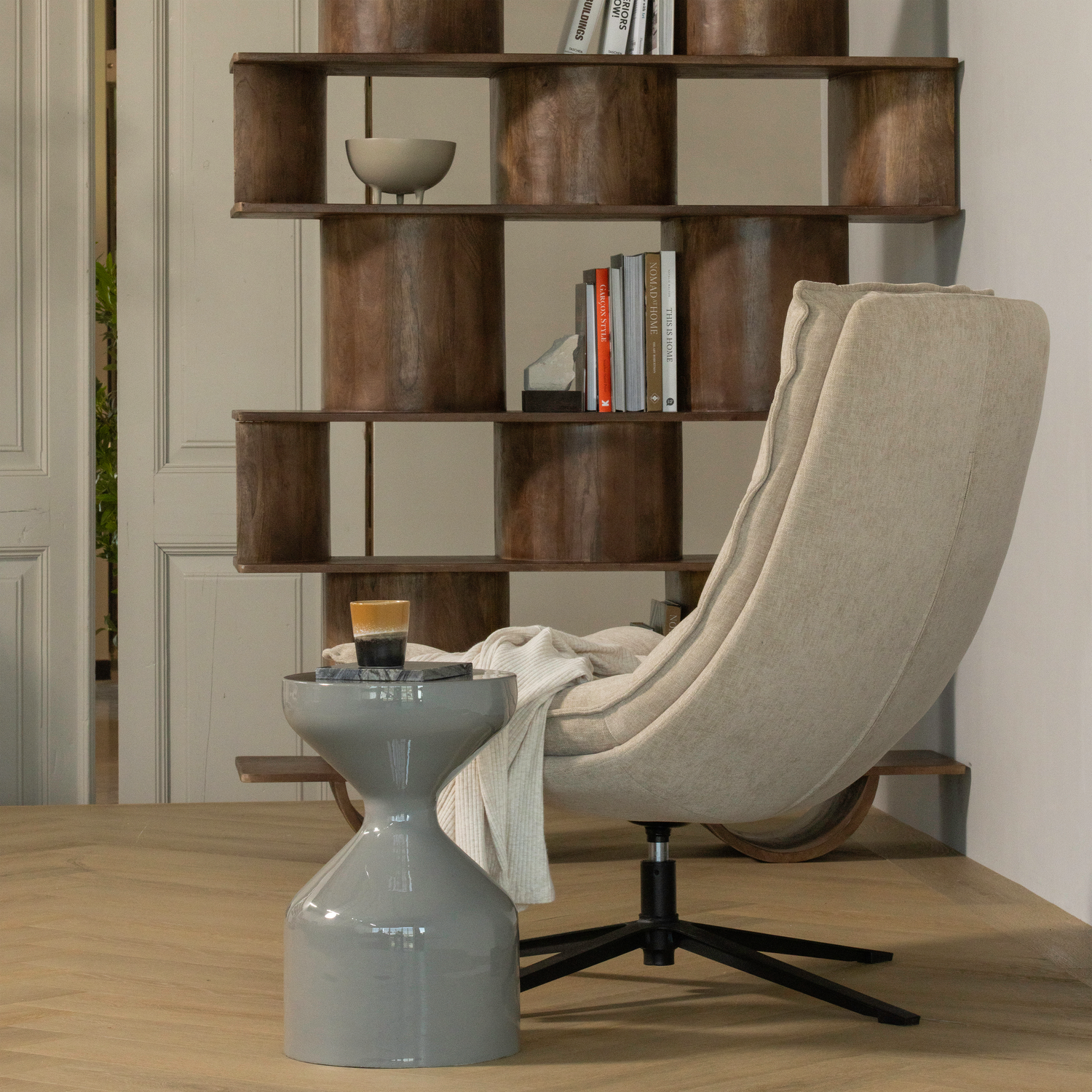 KUBE Beige Swivel Armchair with Footrest