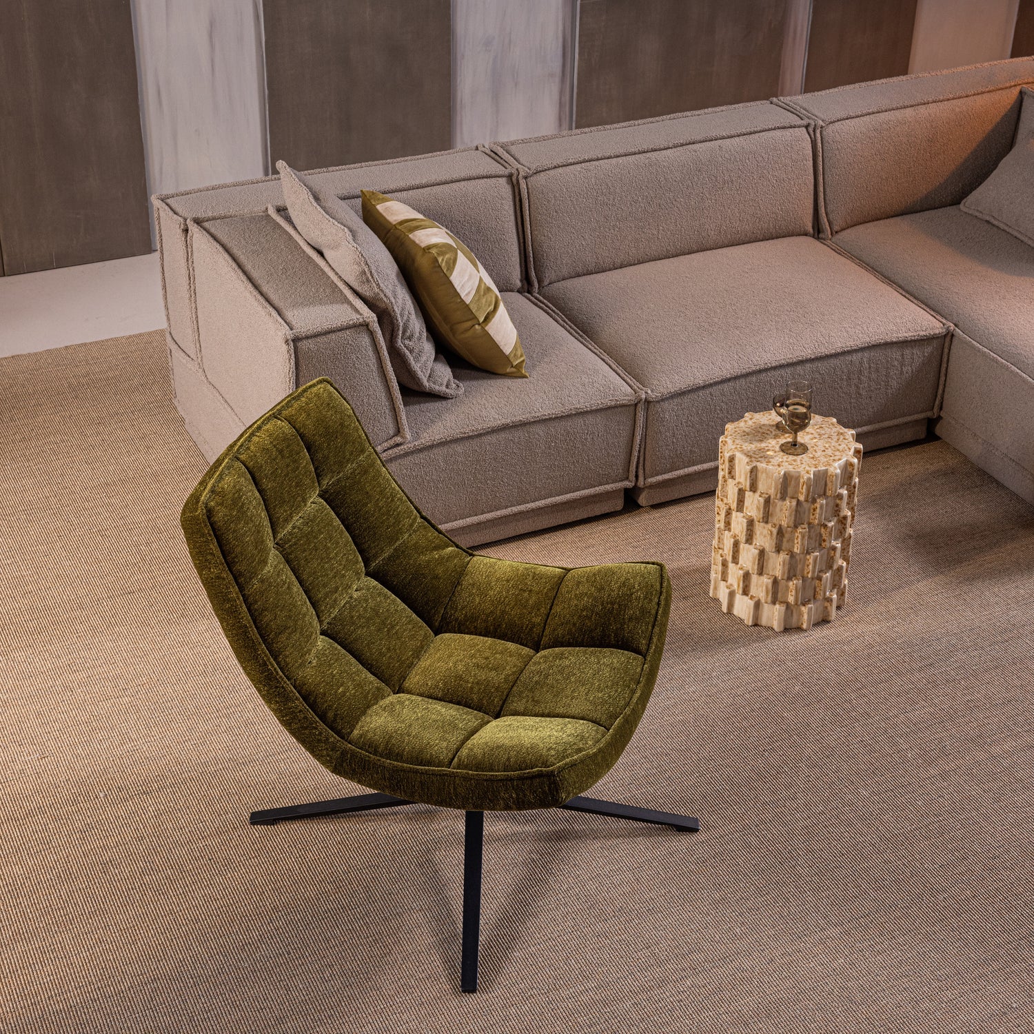 MAUDI Olive Chenille Swivel Armchair