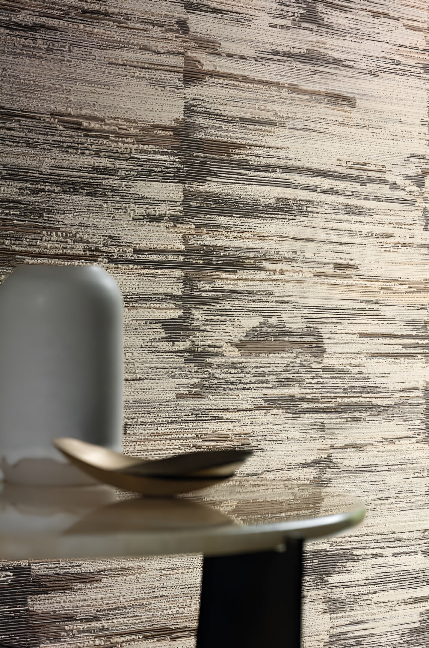 Textile wallpaper with a striped structure ALCHEMILLA - EMERALD/CELESTIAL light green with beige