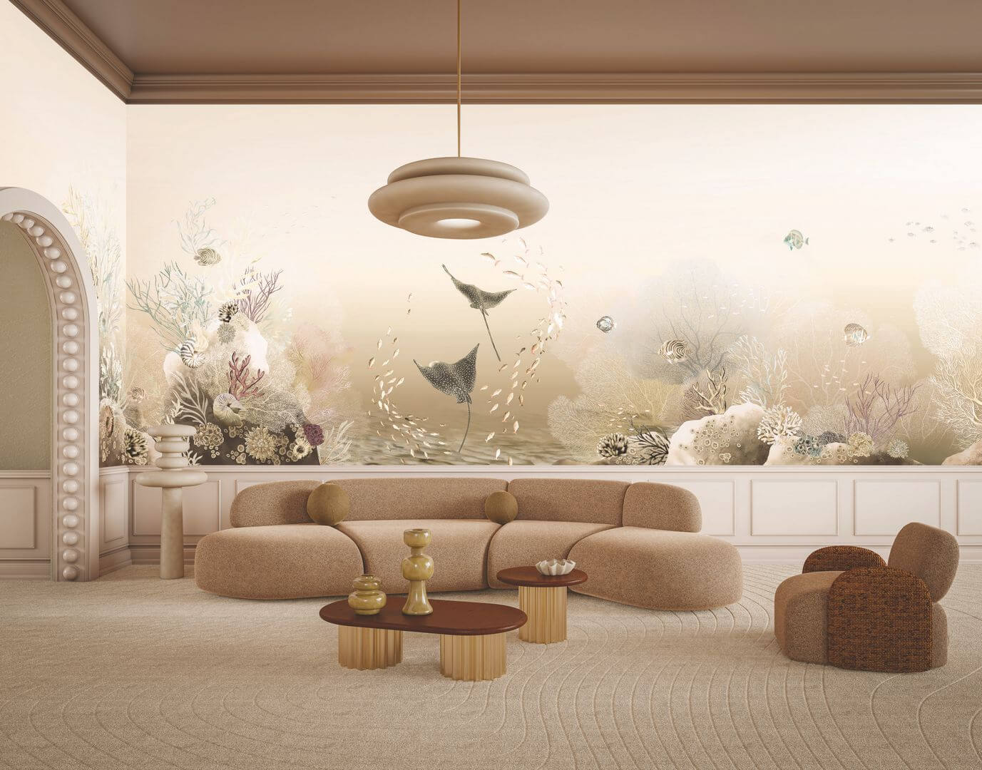 Nástěnná malba s mořským motivem POLYNESIE - ŠEDOBÉŽOVÁ