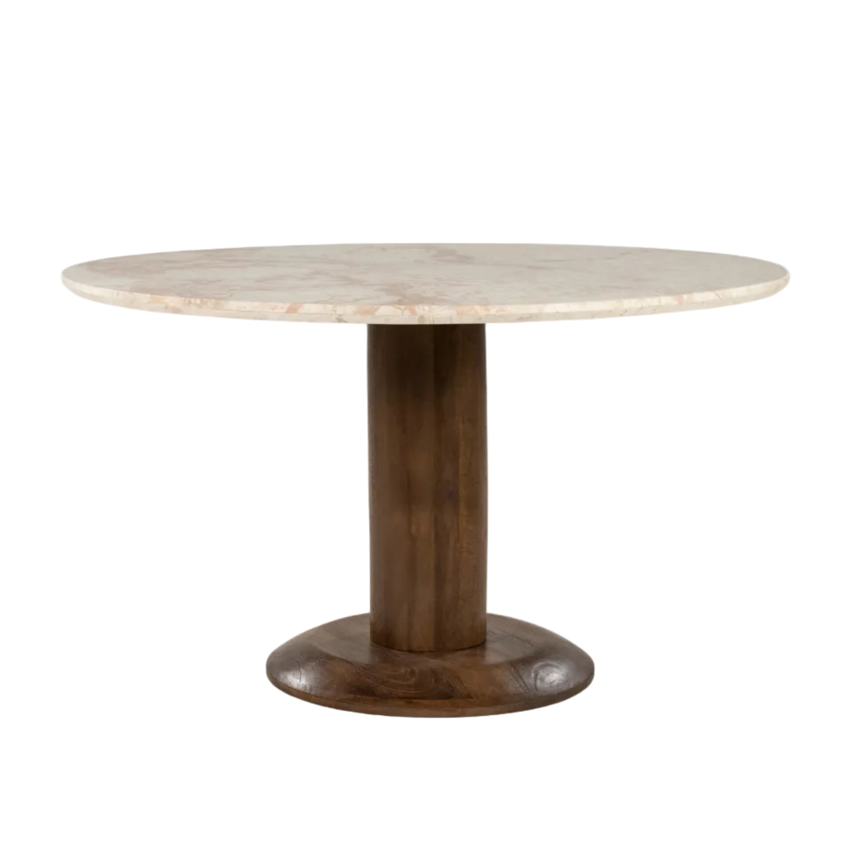 Round TED table with a marble top and a mango wood base.