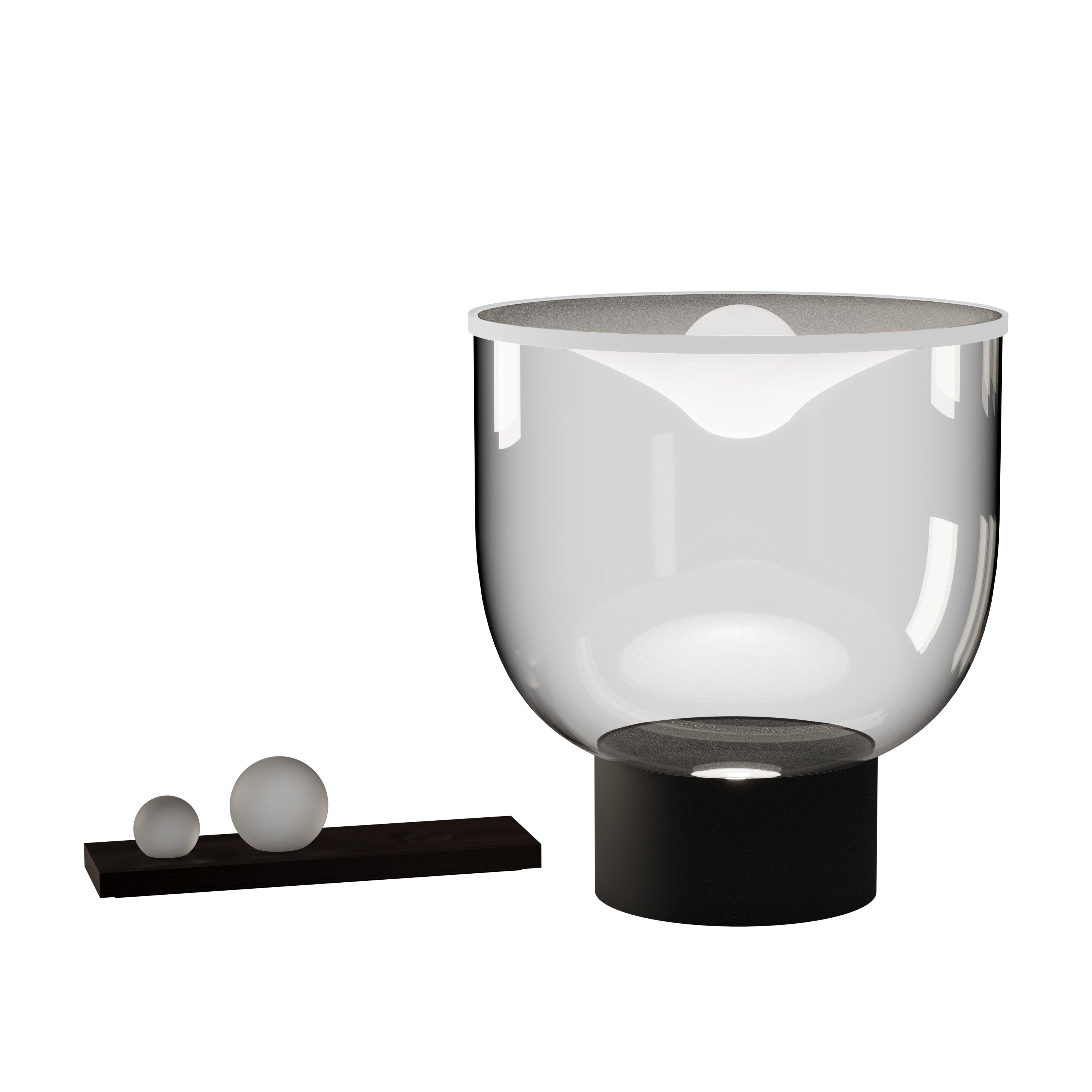 Stolní lampa GRAMMOLUCE se skleněným stínidlem a černým podstavcem.