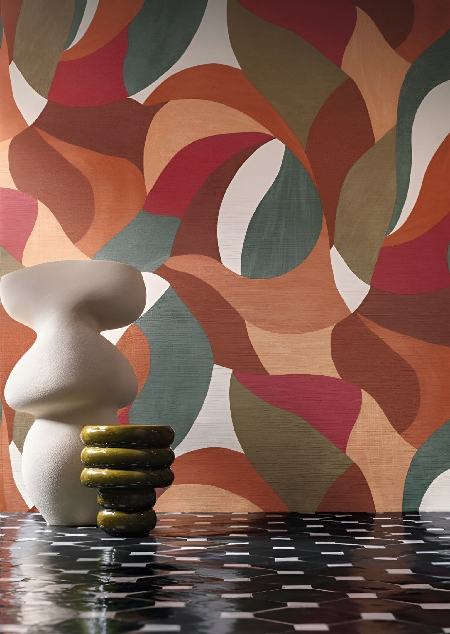 Tapeta s abstraktním rostlinným motivem v listech MANDORLA - ORANŽOVÝ BRULEE/ZELENÝ IMPERIAL pomerančový se zelenou