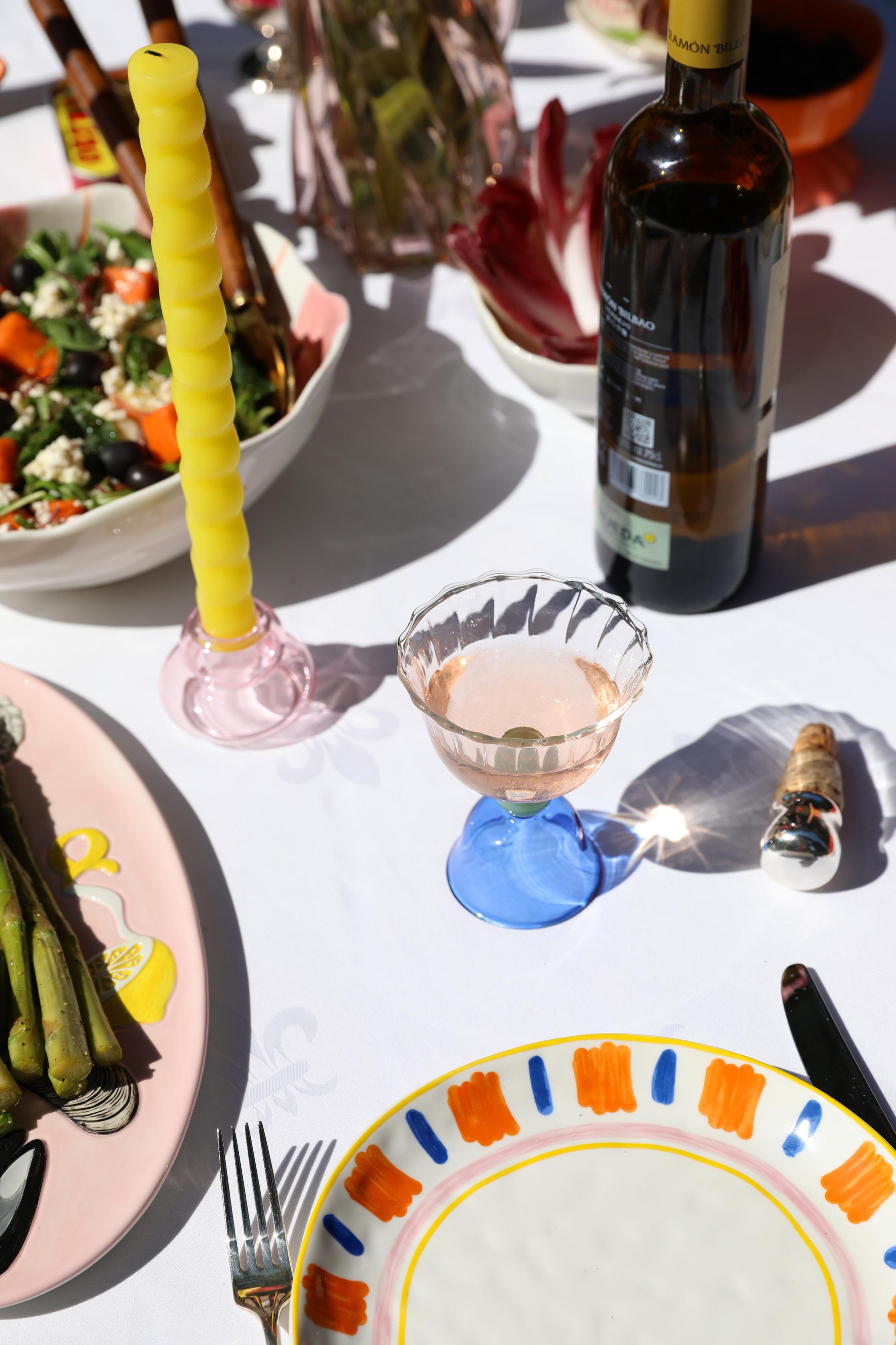 Set of glass tulip-shaped goblets blue with green