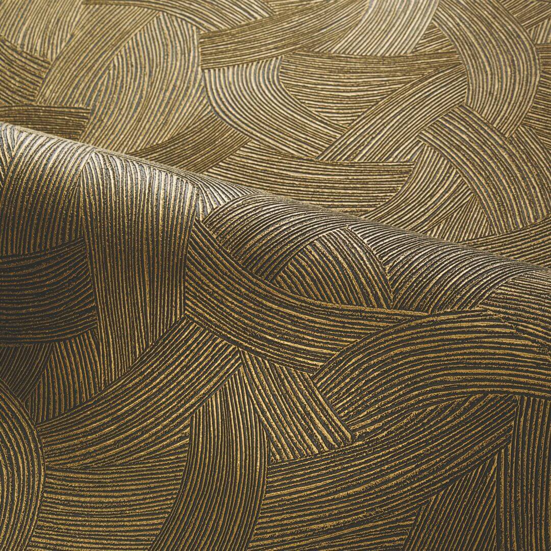 Metallic textured wallpaper with abstract pattern BERENICE - NOIR/DORÉ brown with gold