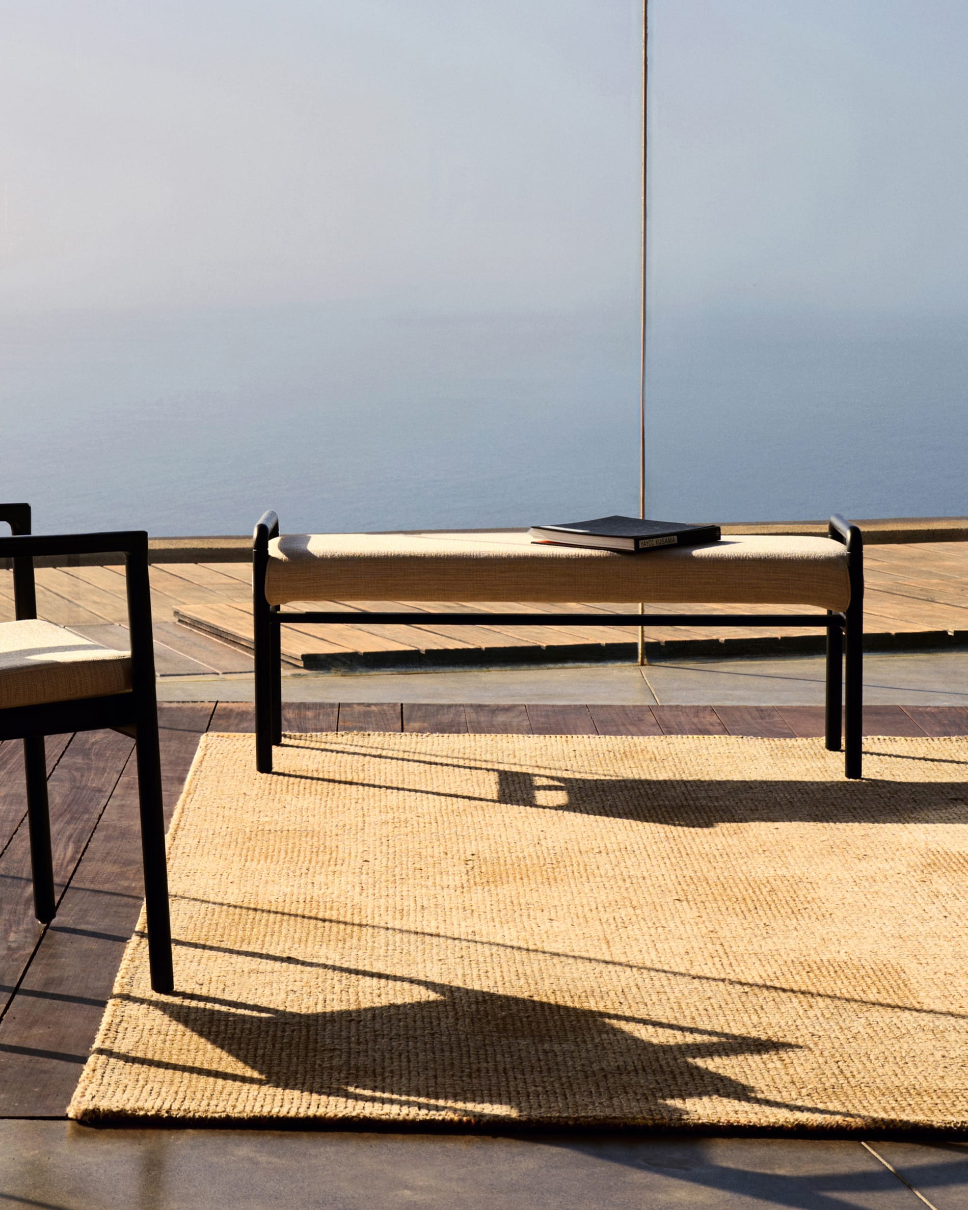 MACARET bench in beige chenille with a black oak base