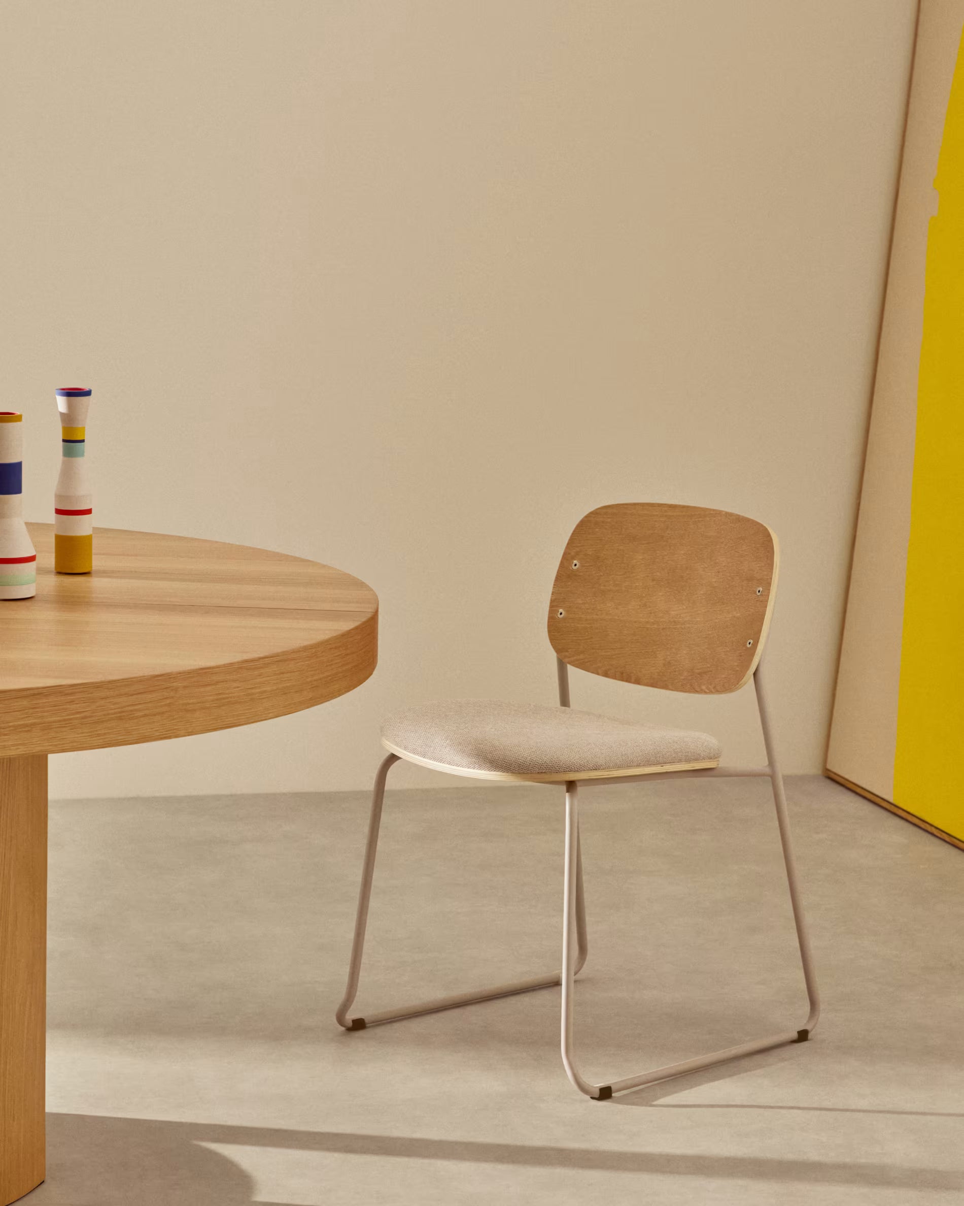 MELI Chair in Poplar Plywood with Beige Chenille Seat