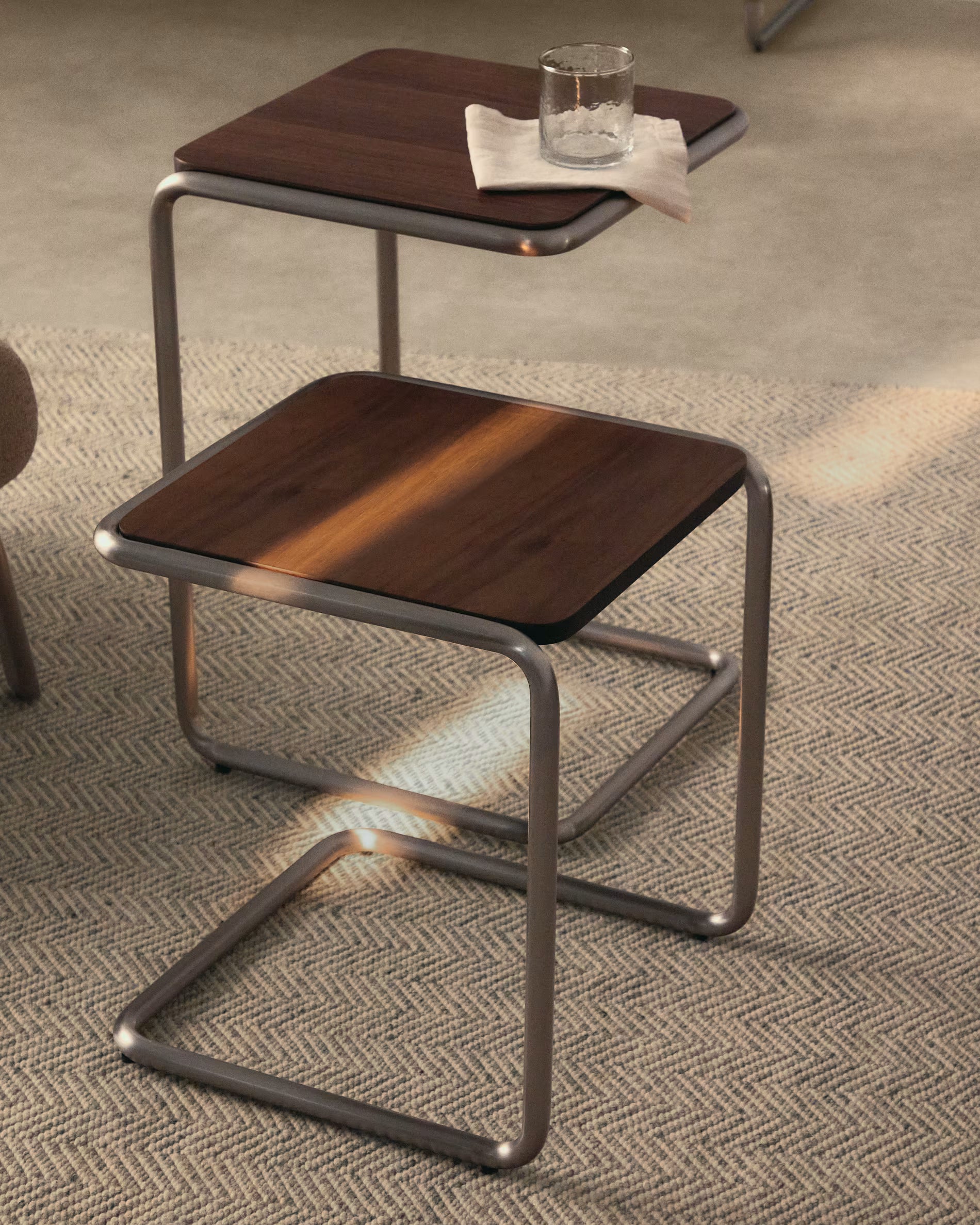 TARSEL dark brown side table with walnut veneer and steel base