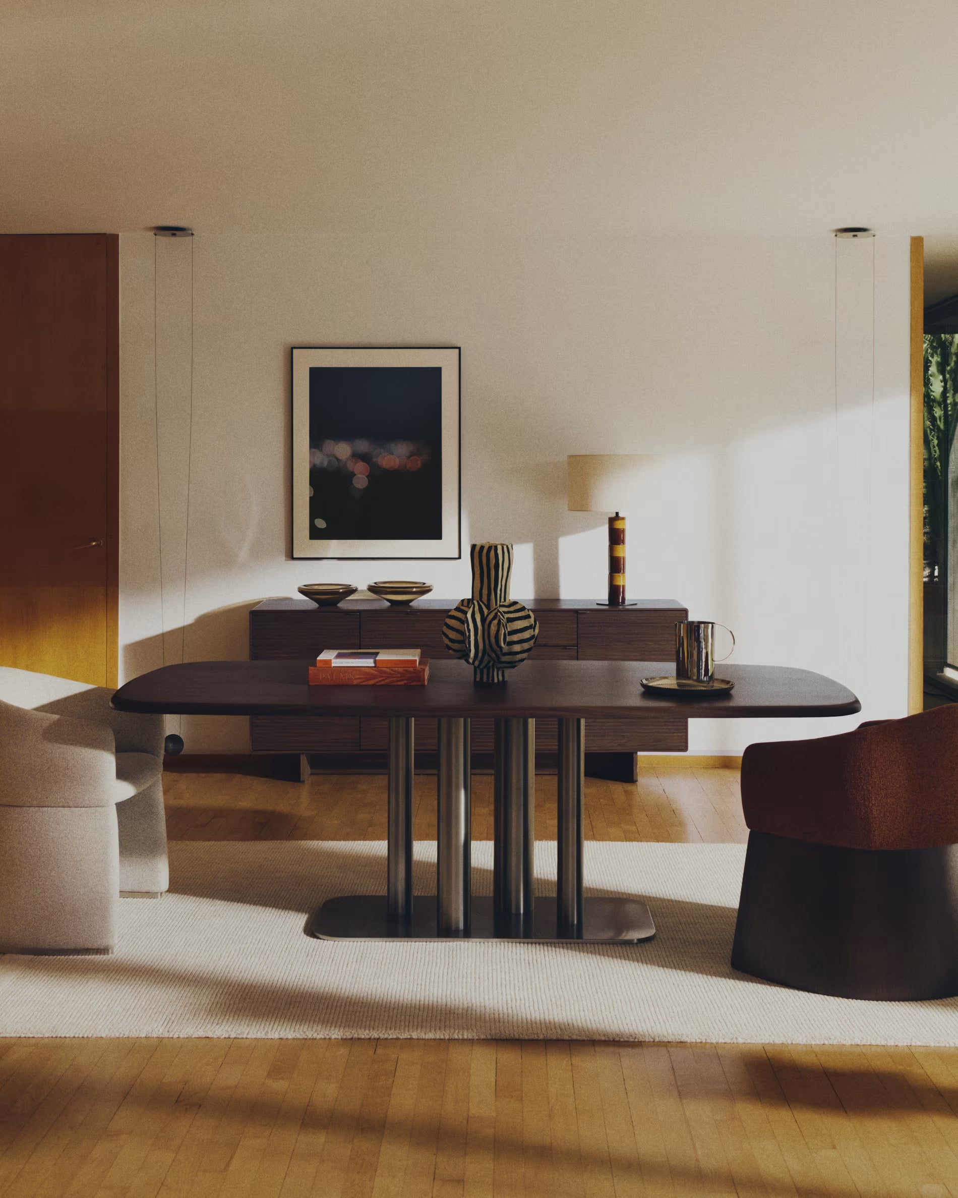 MELVAR table with walnut veneer and steel base