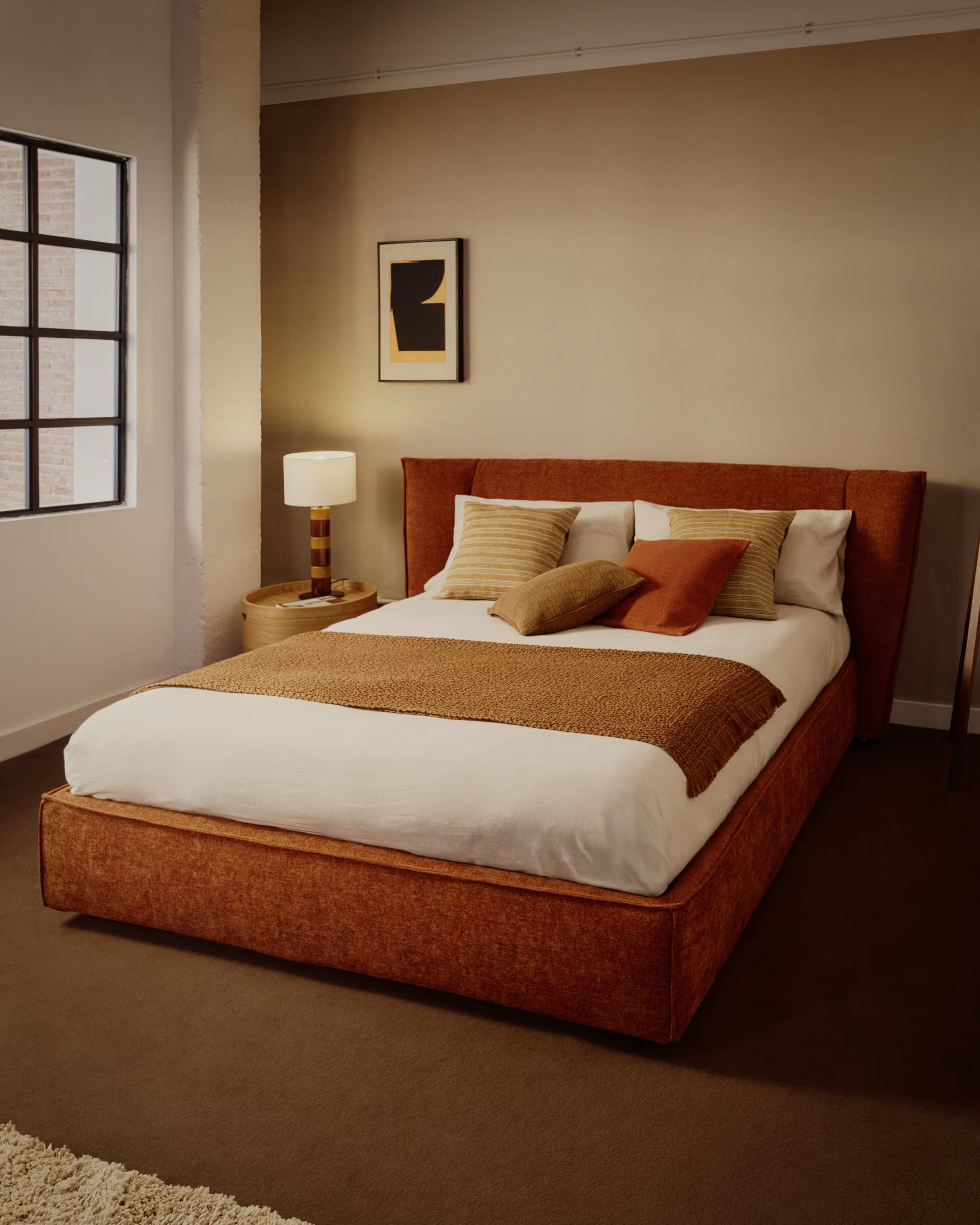 ARVIAN bed with storage for bedding, brick chenille