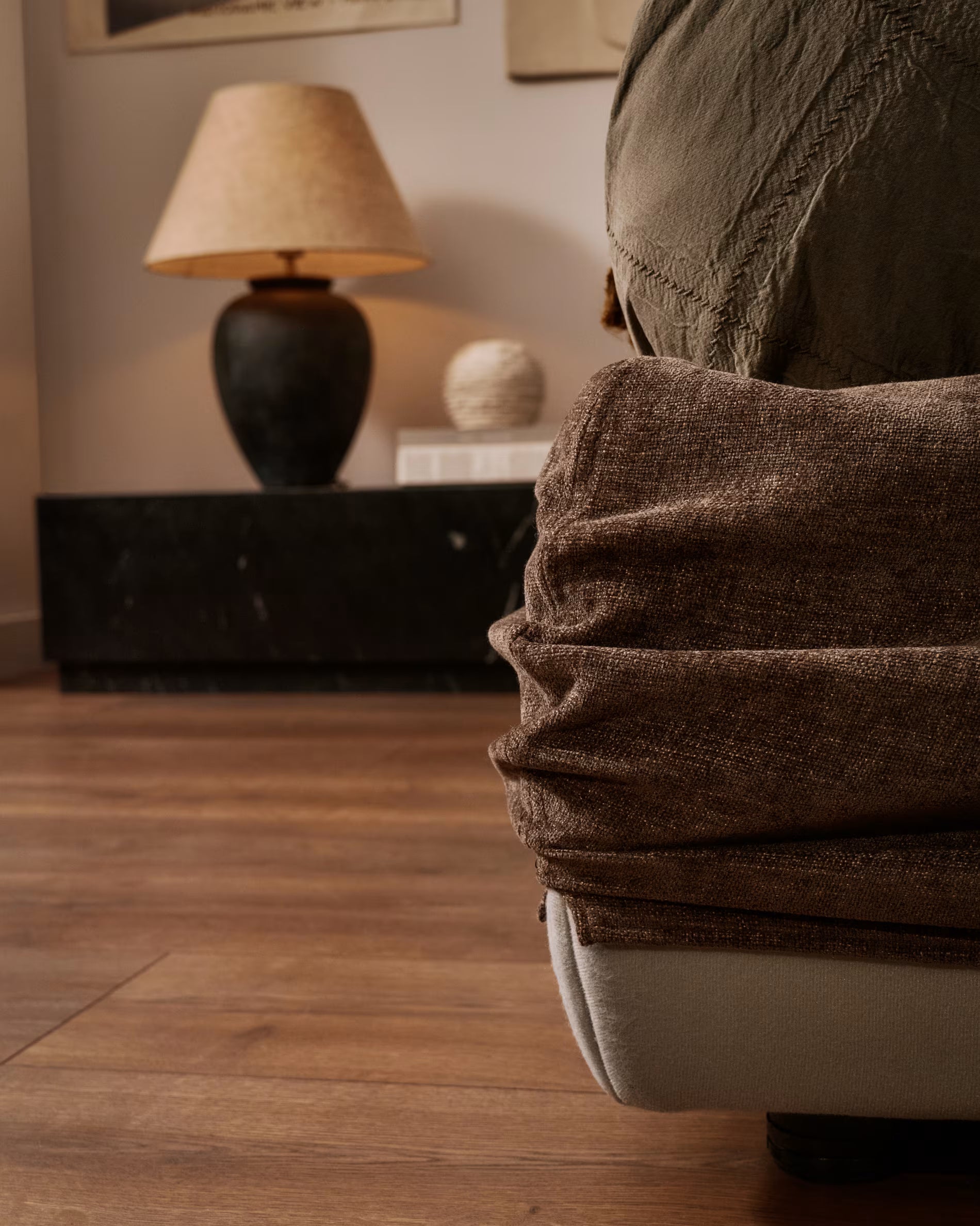 Bed with bedding storage DAFRA brown chenille