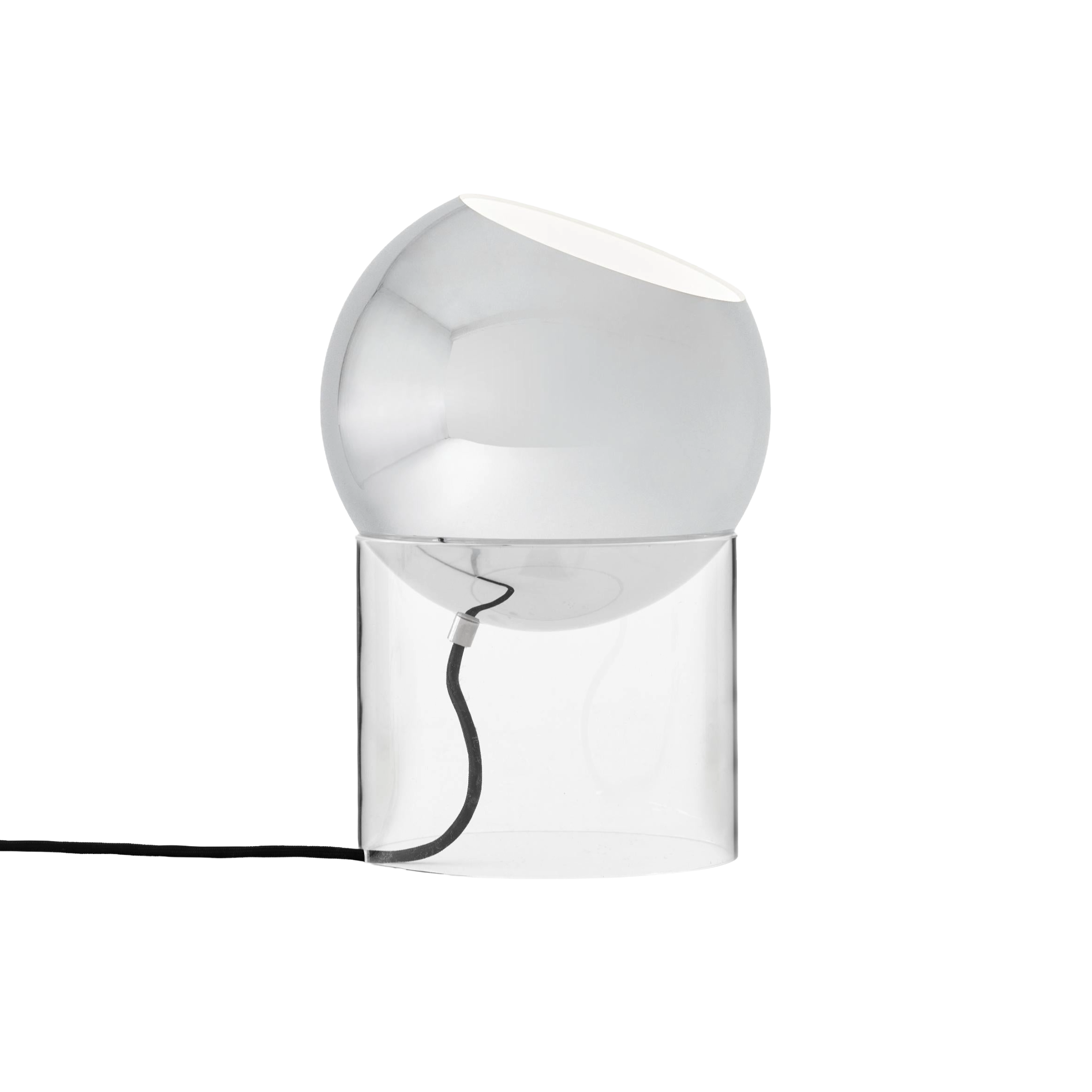 Stolní lampa TOPAN VP13 s chromovaným stínidlem a transparentním podstavcem.