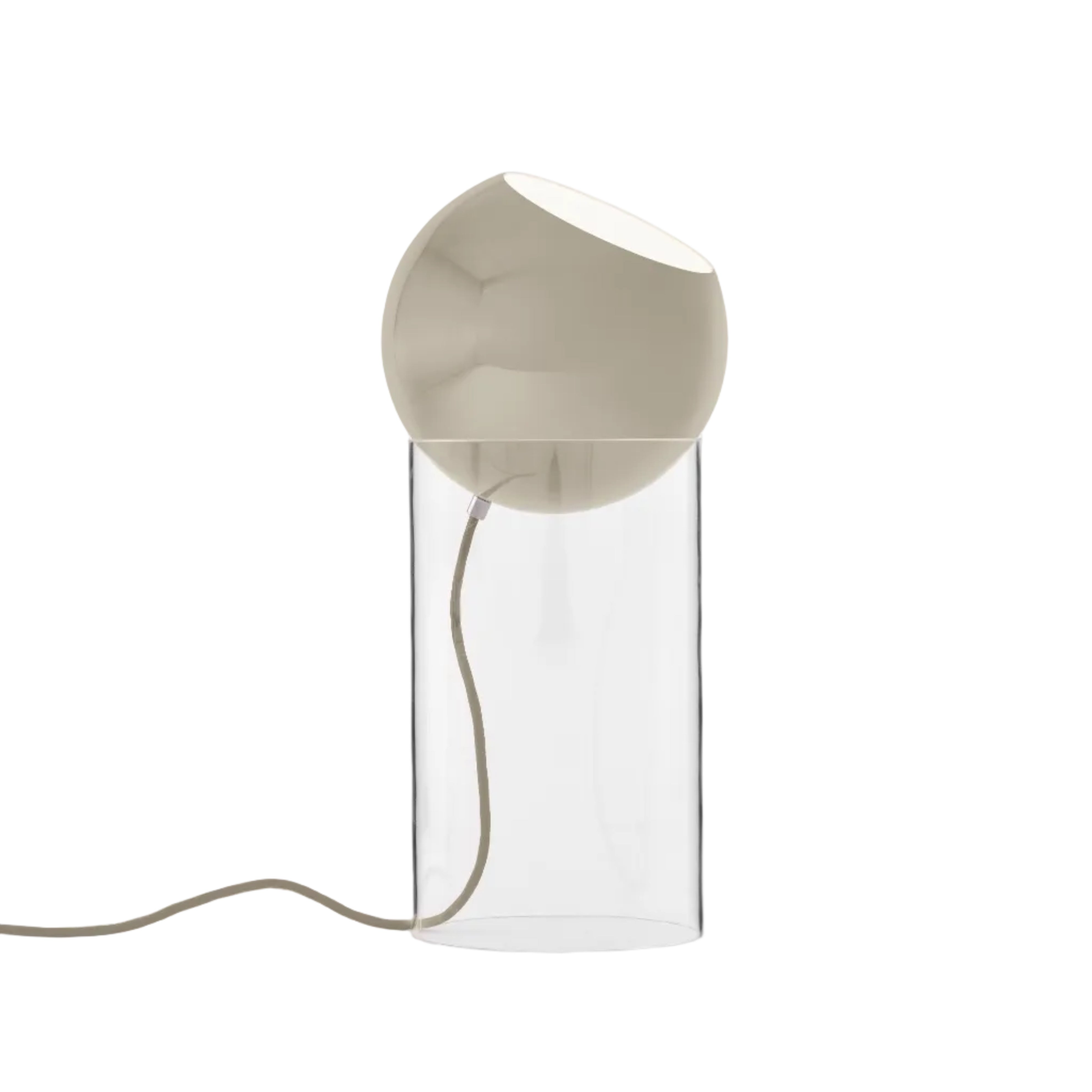 Stolní lampa TOPAN se šedobéžovým stínidlem a transparentním podstavcem.