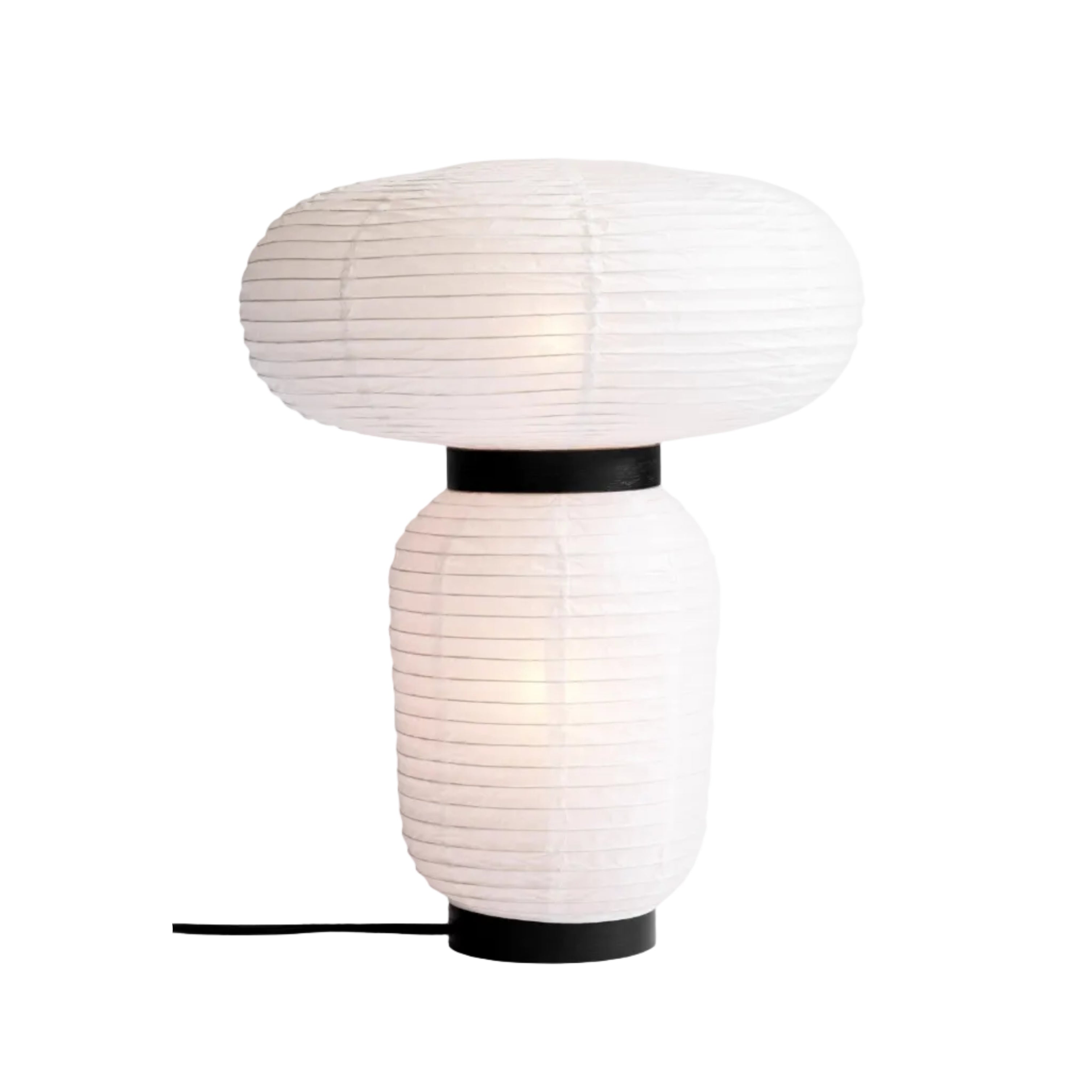 Stolní lampa FORMAKAMI JH18 s bílým papírovým stínidlem a černým dubovým povrchem