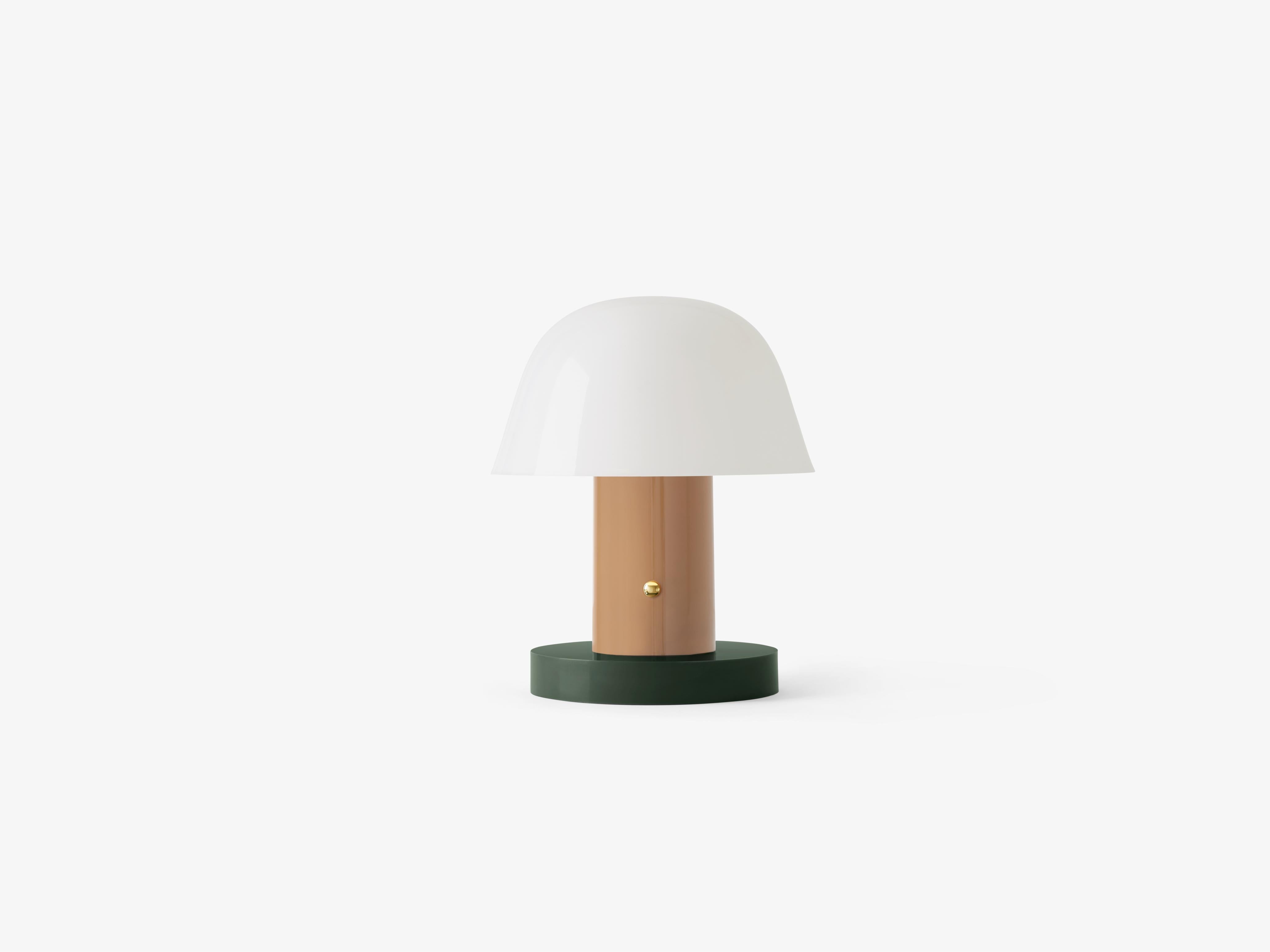 Přenosná lampa SETAGO JH27 s krémovým stínidlem a béžovo-zeleným podstavcem.
