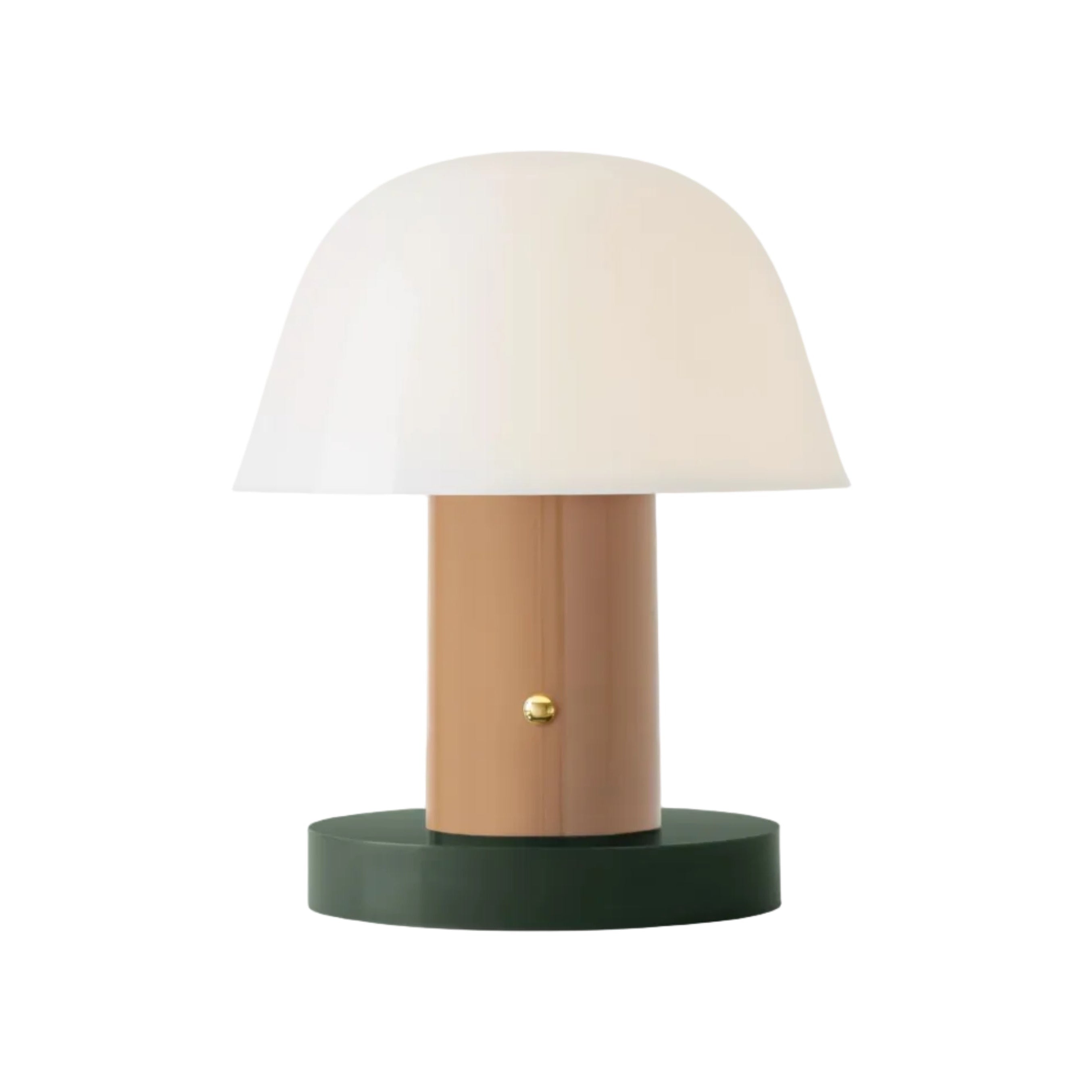 Přenosná lampa SETAGO JH27 s krémovým stínidlem a béžovo-zeleným podstavcem.