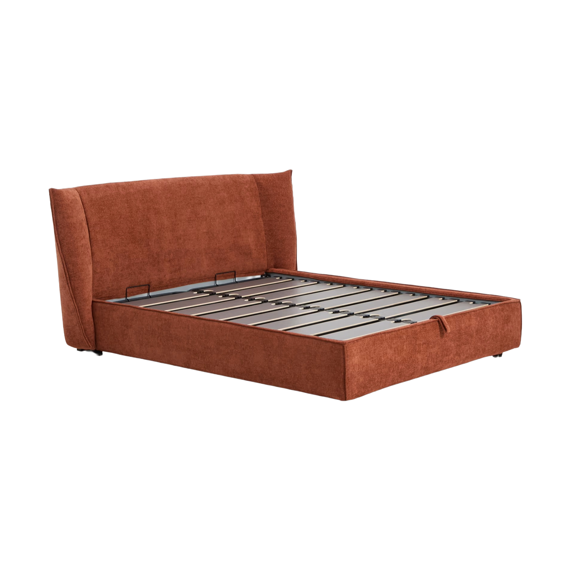 ARVIAN bed with storage for bedding, brick chenille