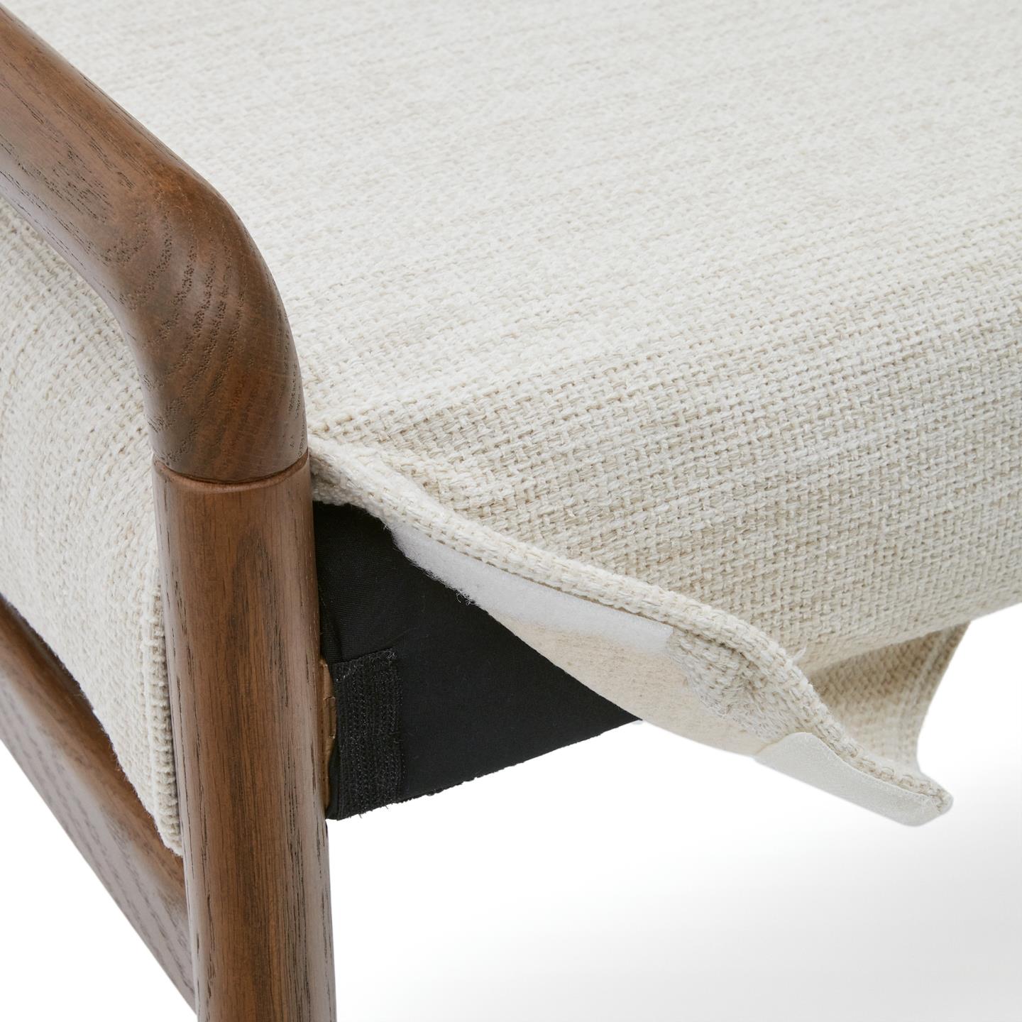 MACARET bench in beige chenille with a dark oak base