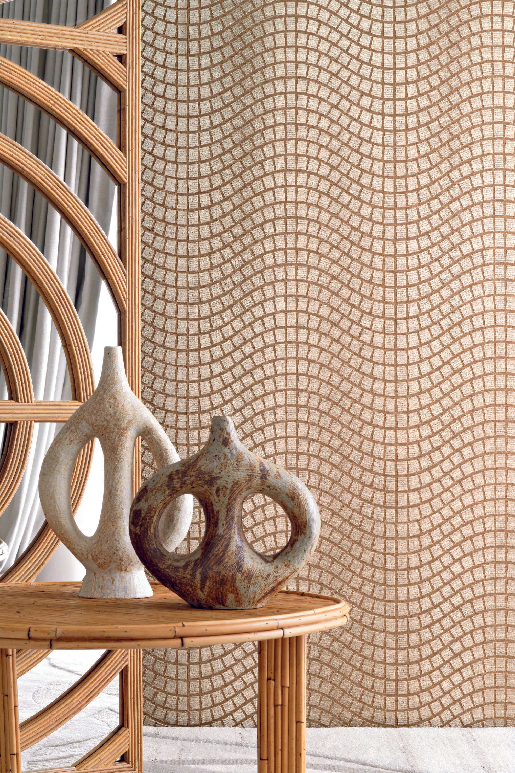 Tapeta z włókna roślinnego z geometrycznym wzorem ONSEN - IVOIRE BLANC kość słoniowa z białym