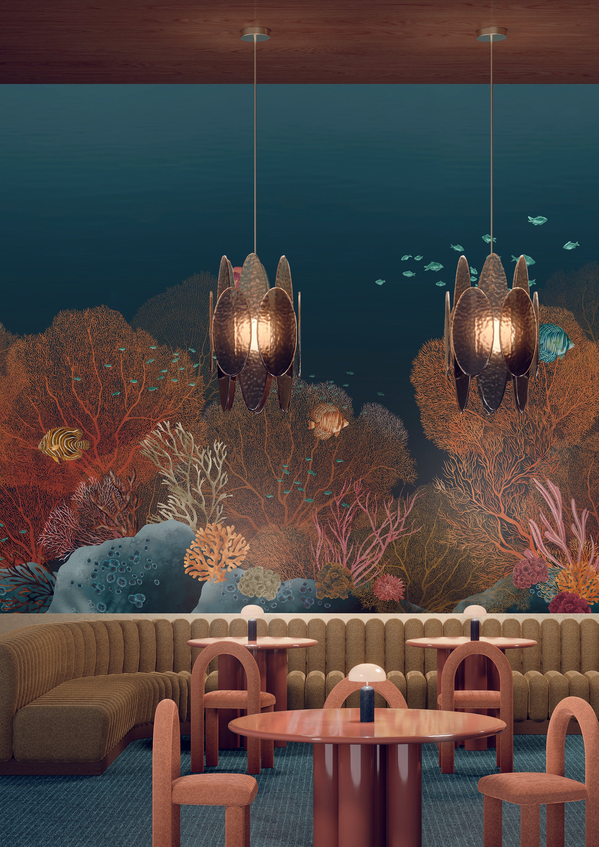 Nástěnná malba s mořským motivem POLYNESIE - MARINE/MULTICO granátová s hnědou