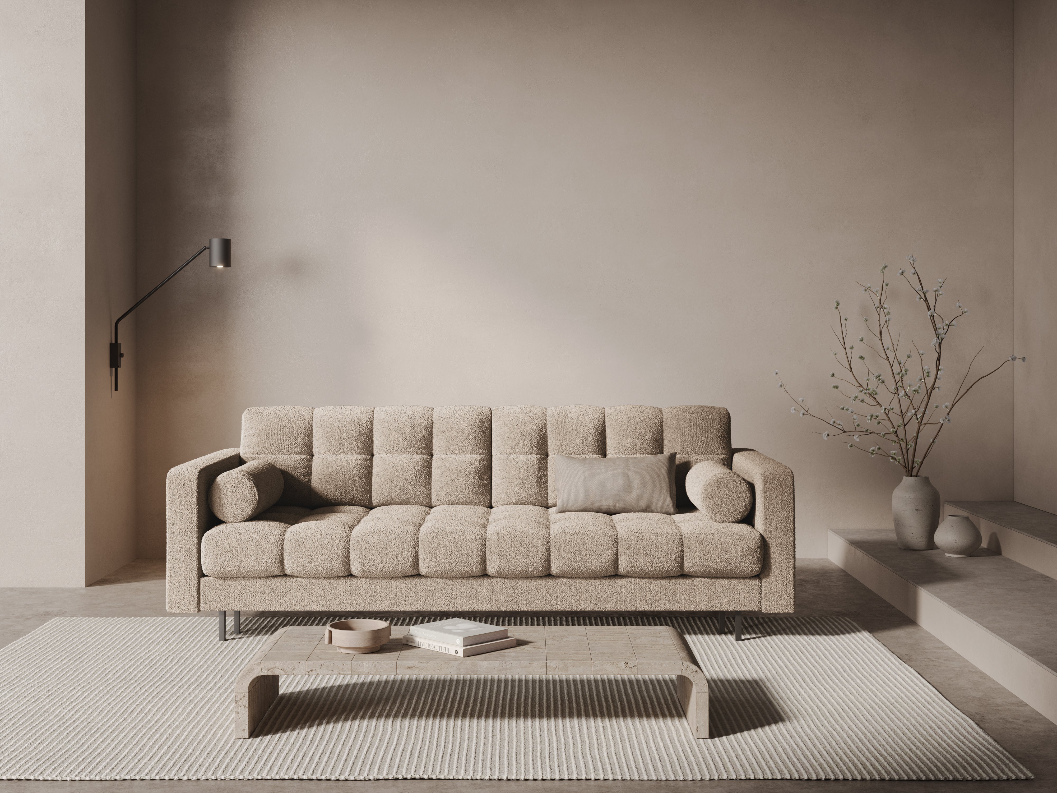 3-seater sofa with sleeping function BALI beige bouclé with black base