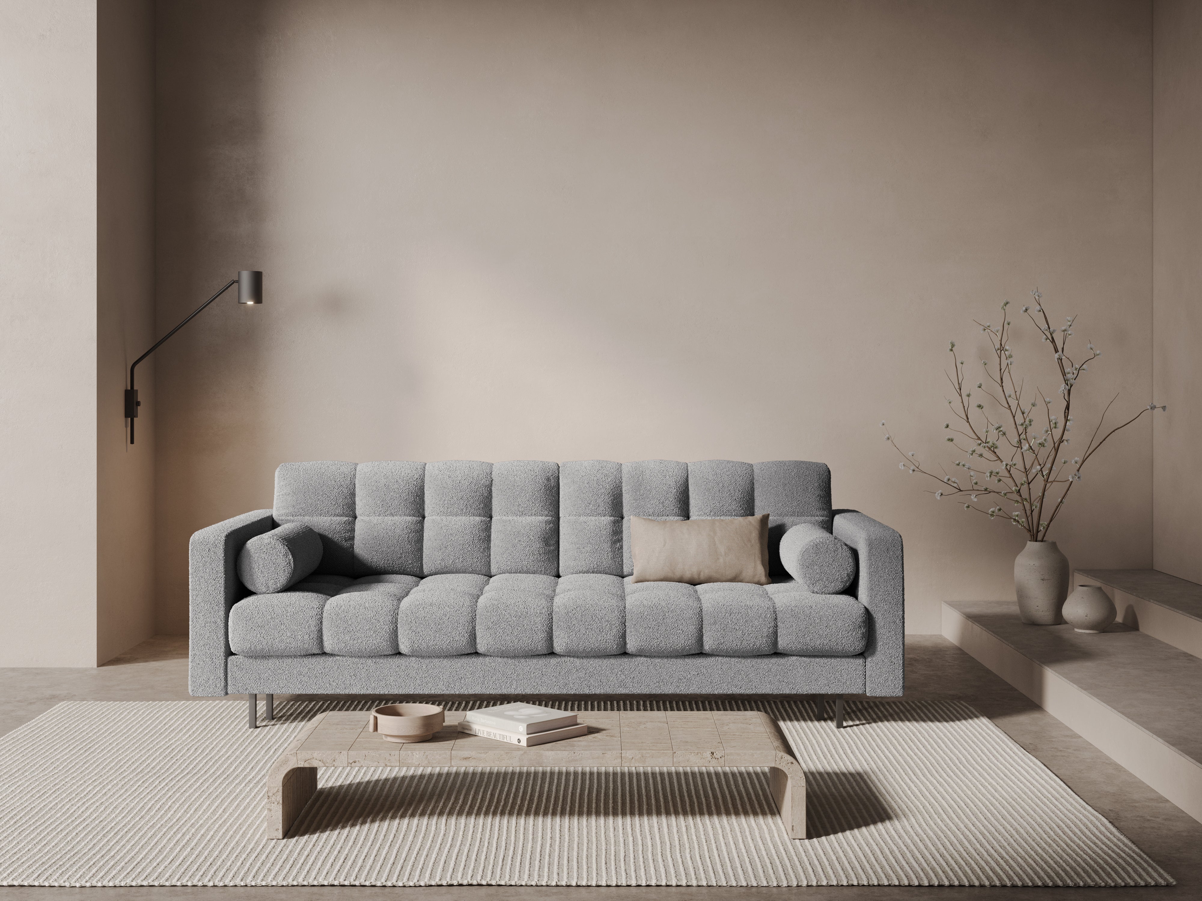 3-seater sofa with sleeping function BALI light gray bouclé with black base