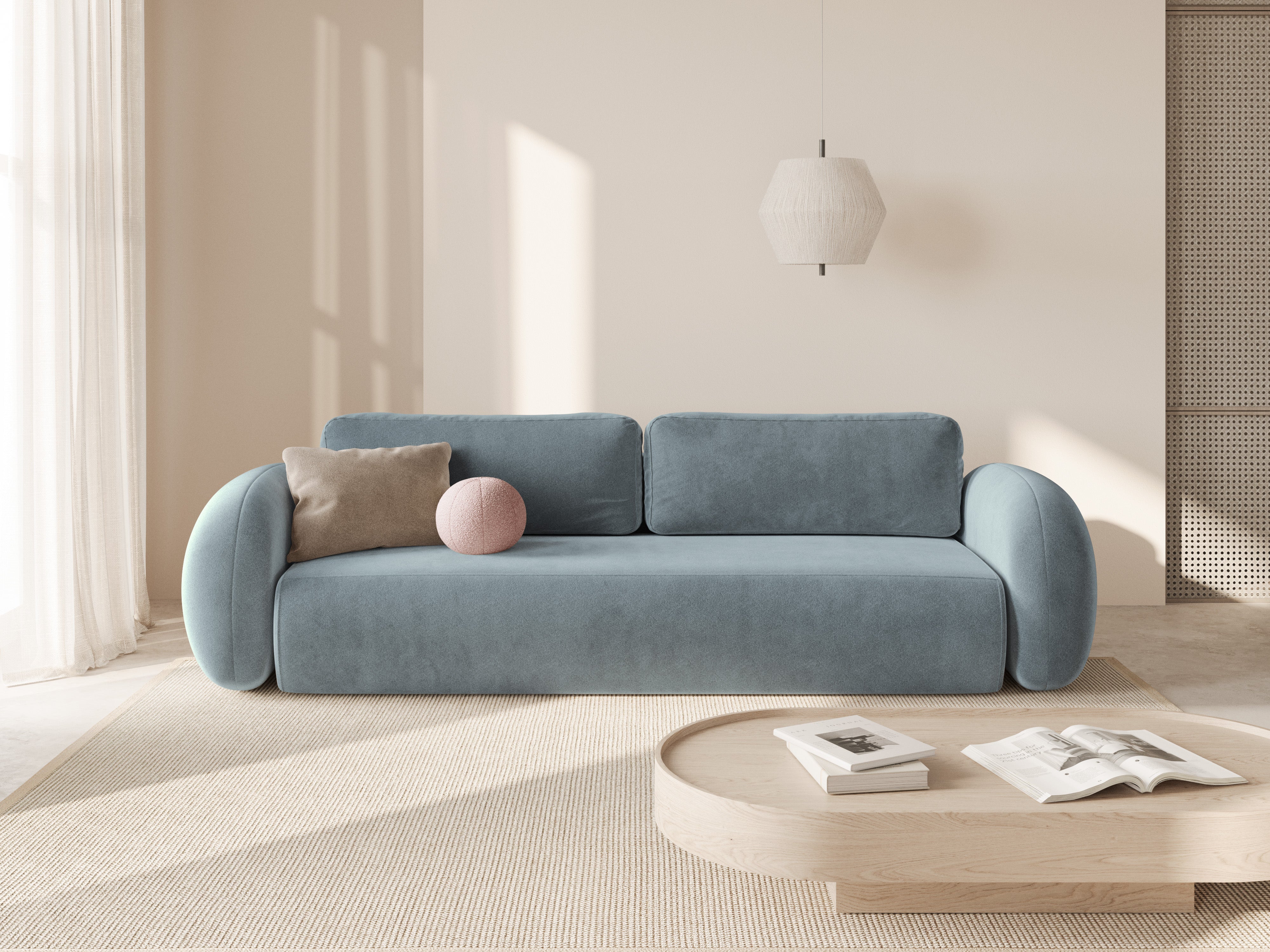 Velvet sofa with sleeping function for 3 people TONALE in light blue