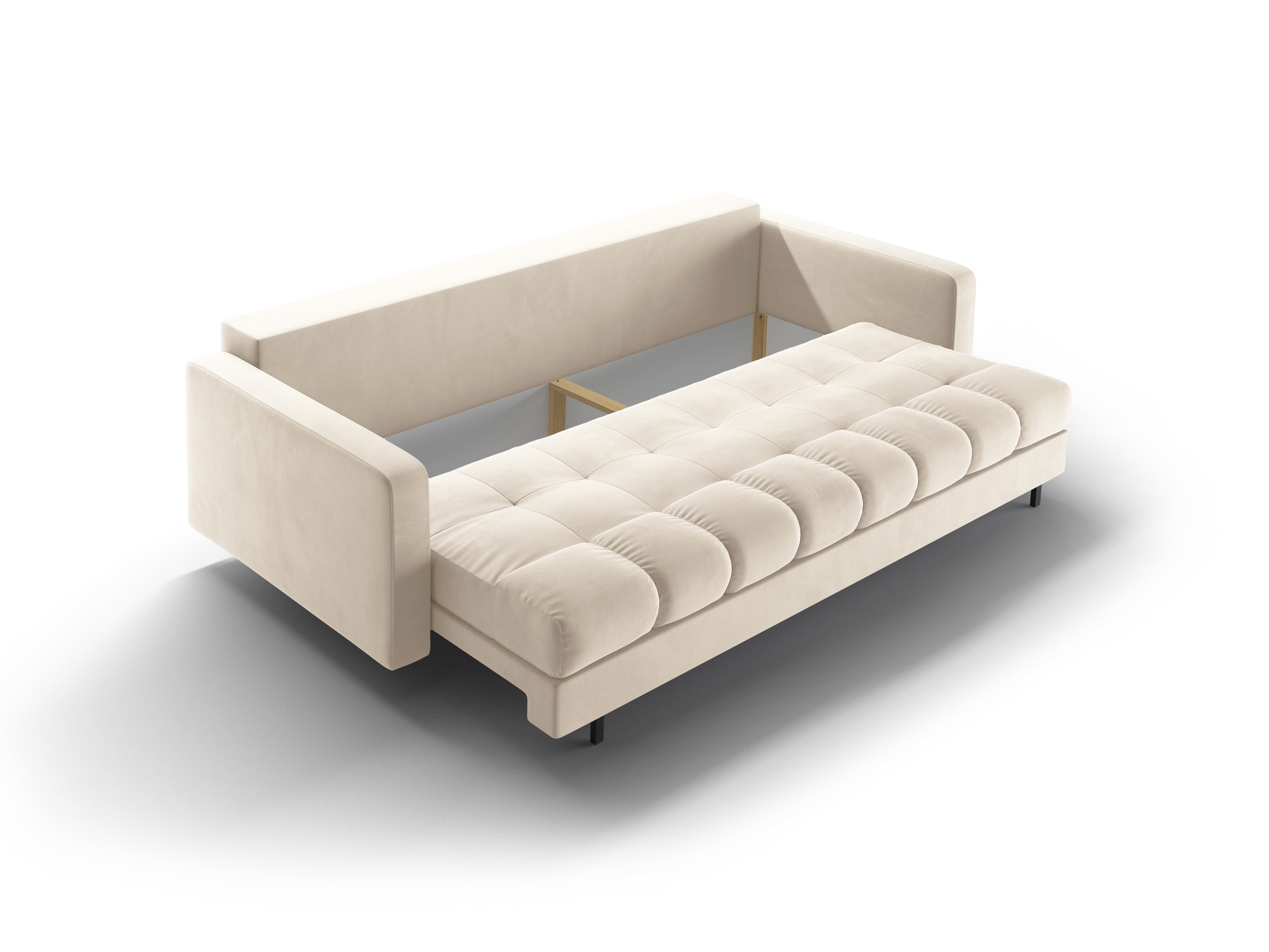 3-seater velvet sofa with sleeping function BALI light beige with black base