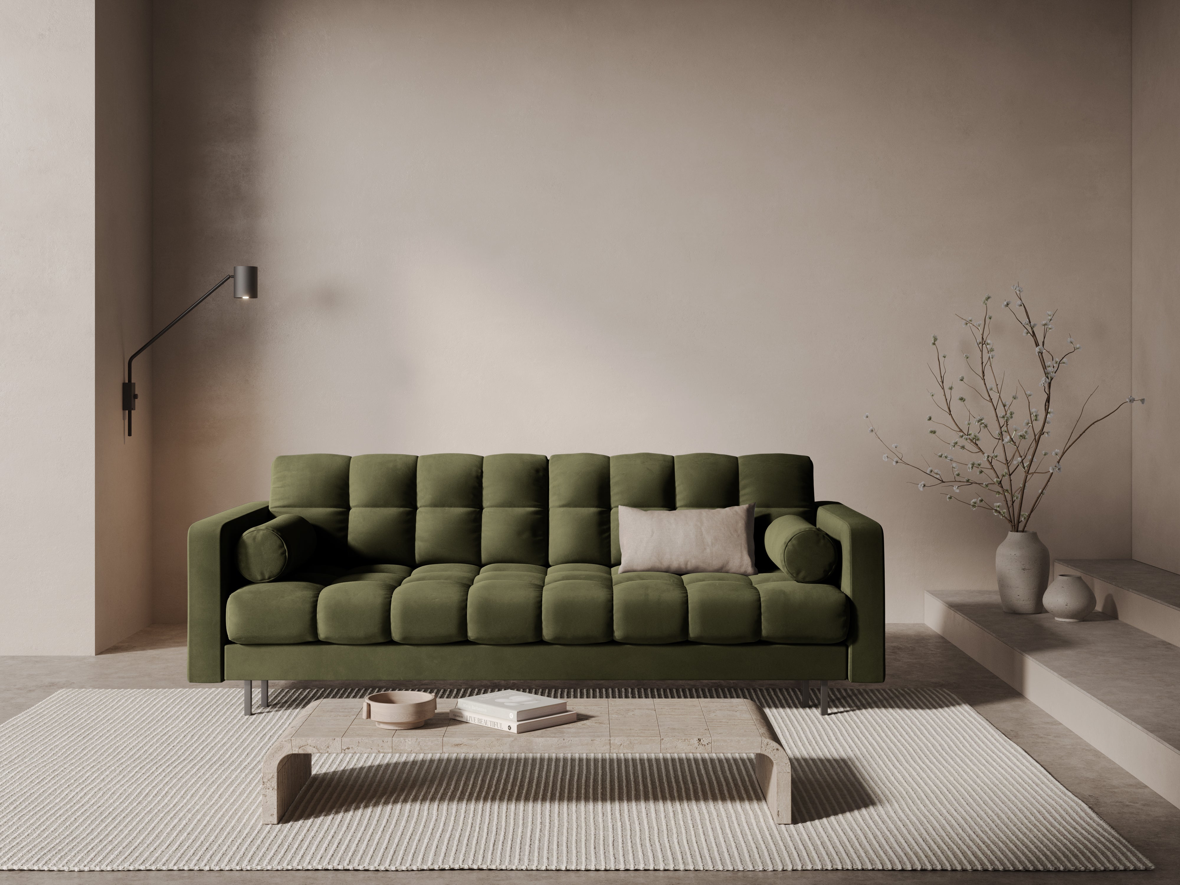 Green velvet 3-seater sofa with a sleeping function BALI with a black base