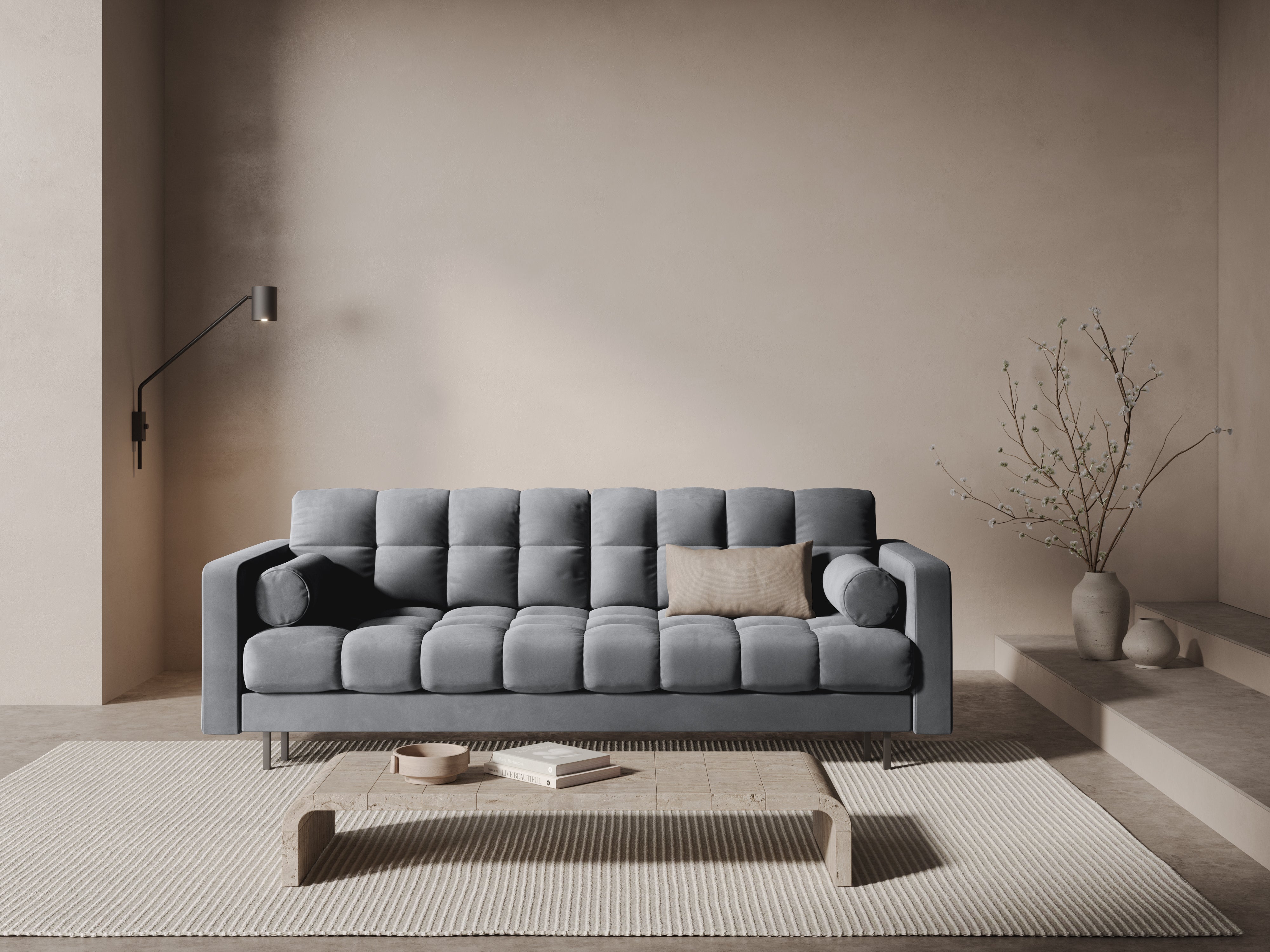 3-seater velvet sofa with sleeping function BALI light gray with black base