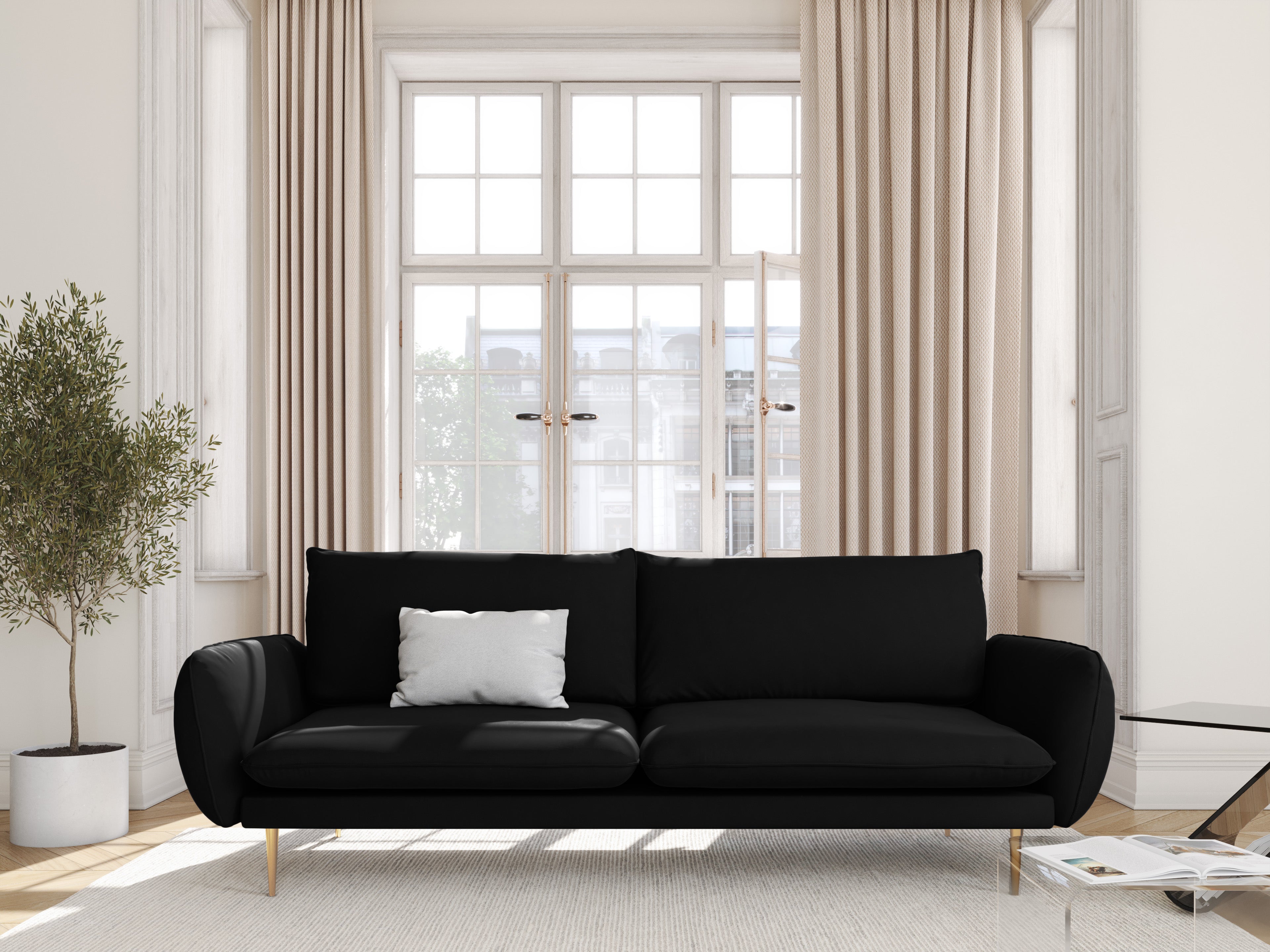 Velvet sofa 3-seater VIENNA black with gold base