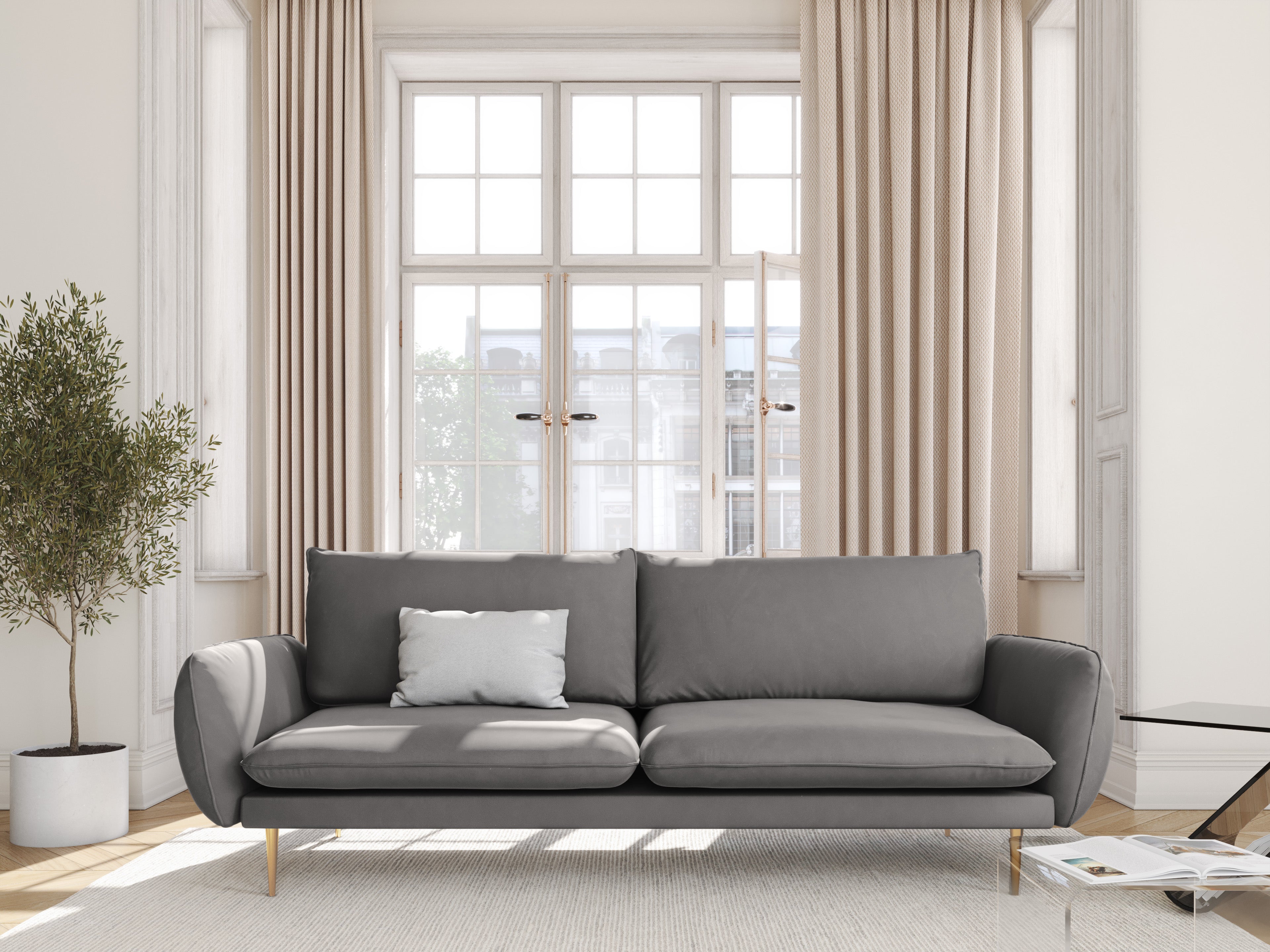 Velvet sofa for 4 people VIENNA light gray with a gold base