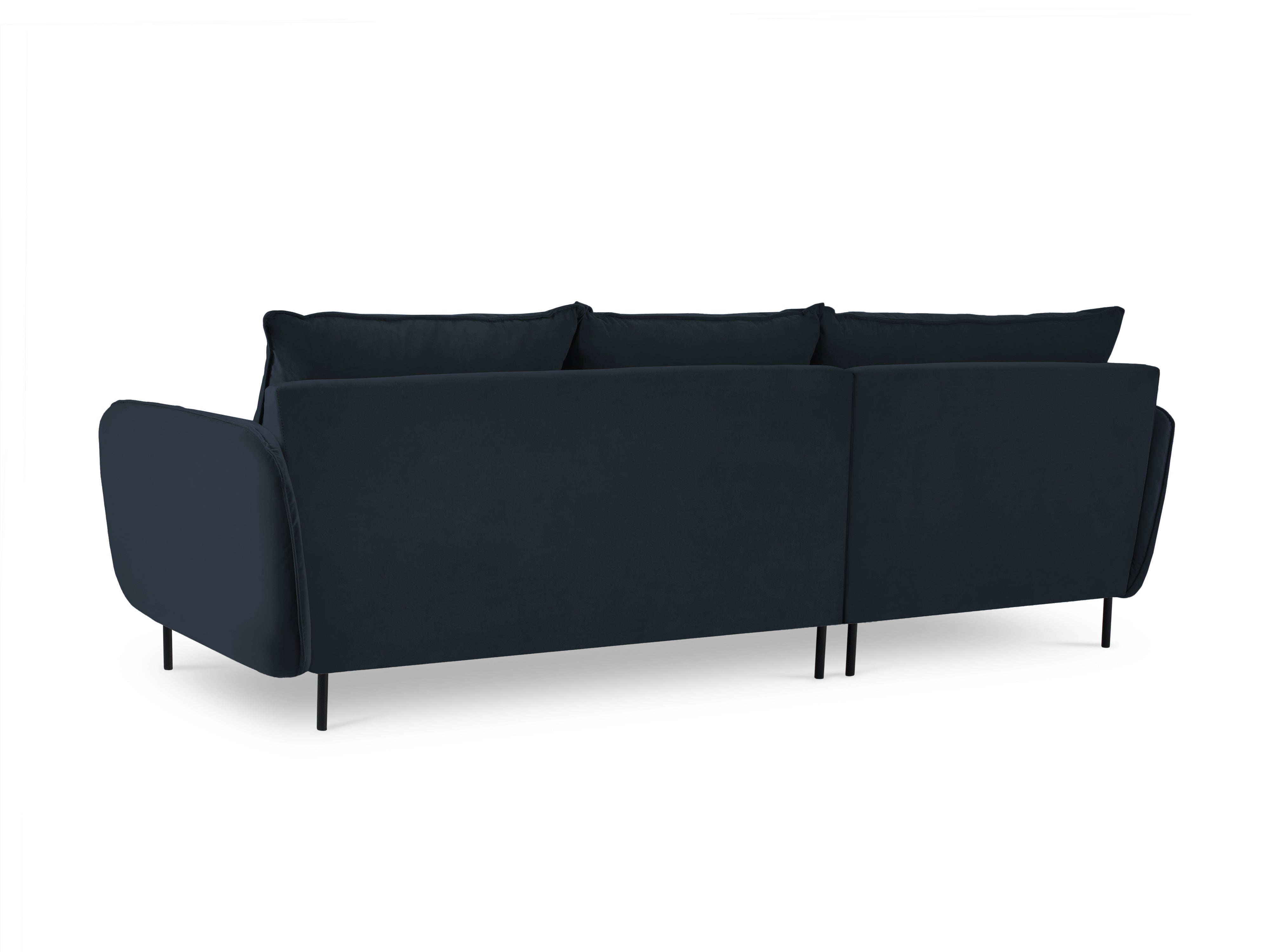 Left-facing velvet corner sofa for 5 people VIENNA in dark blue with a black base